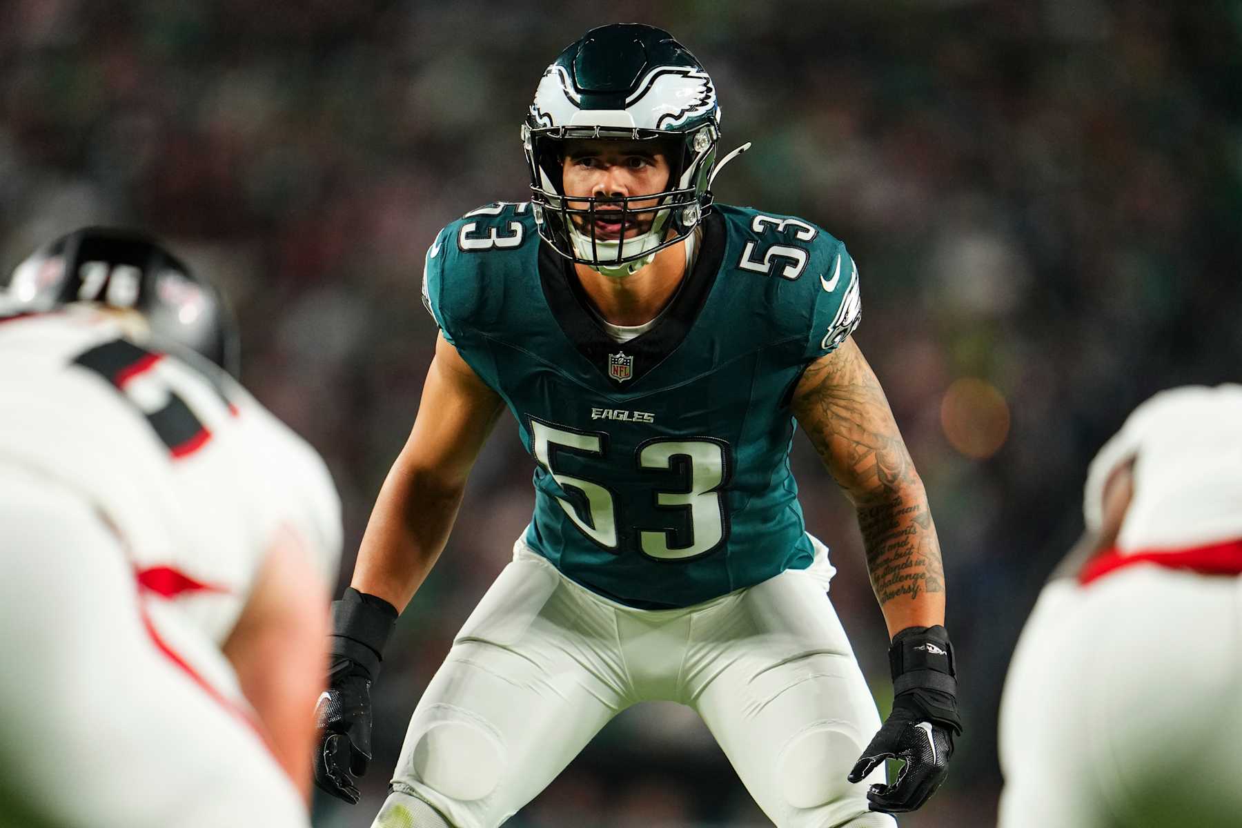PHILADELPHIA, PA - SEPTEMBER 16: Zack Baun #53 of the Philadelphia Eagles lines up before the snap during an NFL football game against the Atlanta Falcons at Lincoln Financial Field on September 16, 2024 in Philadelphia, Pennsylvania. (Photo by Cooper Neill/Getty Images)