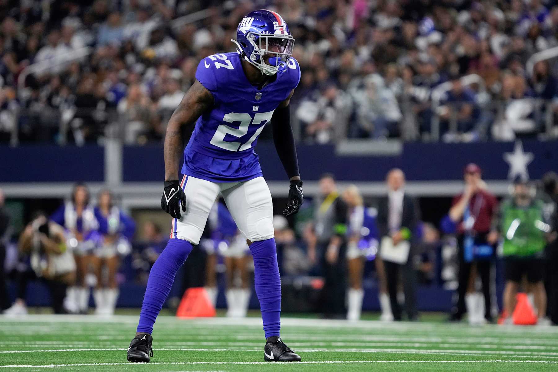 ARLINGTON, TEXAS - NOVEMBER 12: Jason Pinnock #27 of the New York Giants waits for play to begin during the first half of the game against the Dallas Cowboys at AT&T Stadium on November 12, 2023 in Arlington, Texas. (Photo by Sam Hodde/Getty Images)