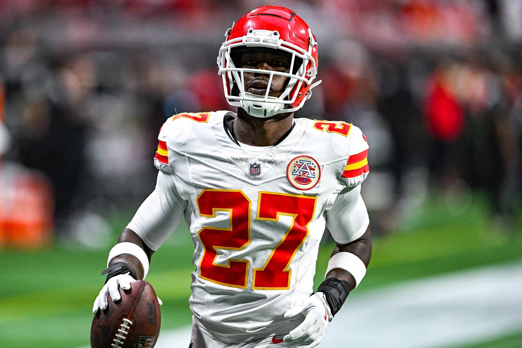 ATLANTA, GA  SEPTEMBER 22:  Kansas City safety Chamarri Conner (27) warms up prior to the start of the NFL game between the Kansas City Chiefs and the Atlanta Falcons on September 22nd, 2024 at Mercedes-Benz Stadium in Atlanta, GA.  (Photo by Rich von Biberstein/Icon Sportswire via Getty Images)