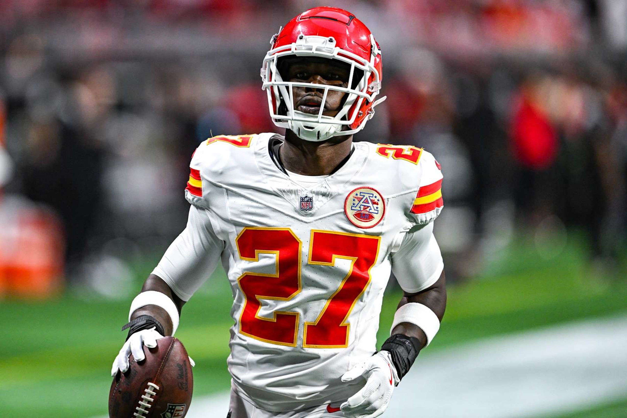 ATLANTA, GA  SEPTEMBER 22:  Kansas City safety Chamarri Conner (27) warms up prior to the start of the NFL game between the Kansas City Chiefs and the Atlanta Falcons on September 22nd, 2024 at Mercedes-Benz Stadium in Atlanta, GA.  (Photo by Rich von Biberstein/Icon Sportswire via Getty Images)