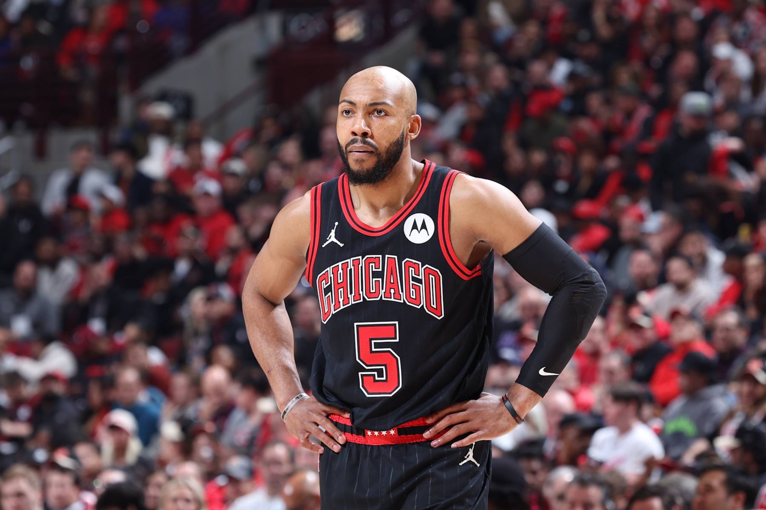 CHICAGO, IL - APRIL 17: Jevon Carter #5 of the Chicago Bulls looks on during the game against the Atlanta Hawks  during the 2024 Play-In Tournament  on April 17, 2024 at United Center in Chicago, Illinois. NOTE TO USER: User expressly acknowledges and agrees that, by downloading and or using this photograph, User is consenting to the terms and conditions of the Getty Images License Agreement. Mandatory Copyright Notice: Copyright 2024 NBAE (Photo by Jeff Haynes/NBAE via Getty Images)