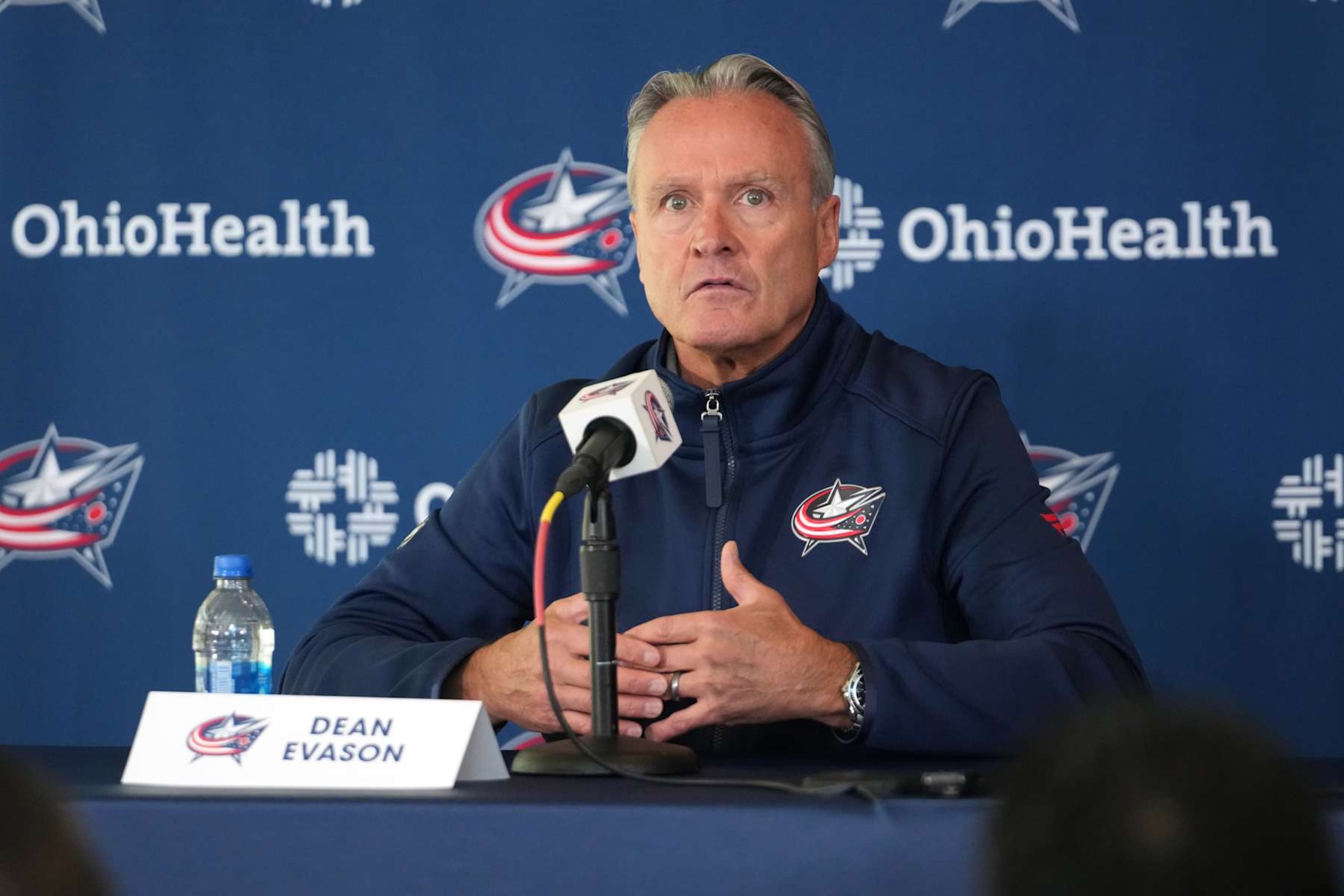 COLUMBUS, OHIO - SEPTEMBER 18: Head coach Dean Evason of the Columbus Blue Jackets addresses members of the media during media day  at Nationwide Arena on September 18, 2024 in Columbus, Ohio. (Photo by Jason Mowry/Getty Images)