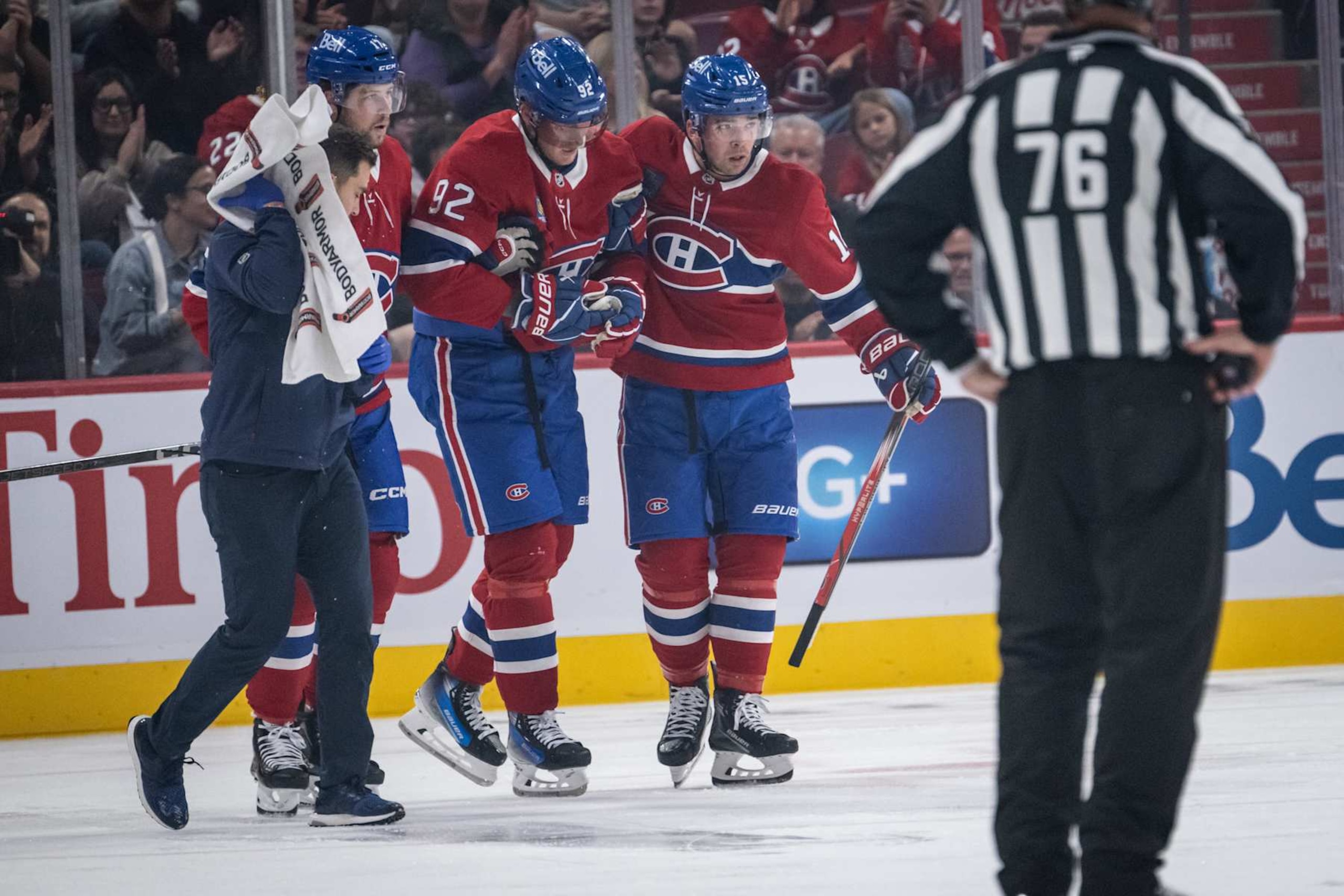 MONTREAL, QC - SEPTEMBER 28: Patrik Laine (92) of the Montreal Canadiens return to his bench after being injured during the first period of the NHL pre-season game between the Toronto Maple Leafs and the Montreal Canadiens on Sept 28, 2024, at the Bell Centre in Montreal, QC(Photo by Vincent Ethier/Icon Sportswire via Getty Images)