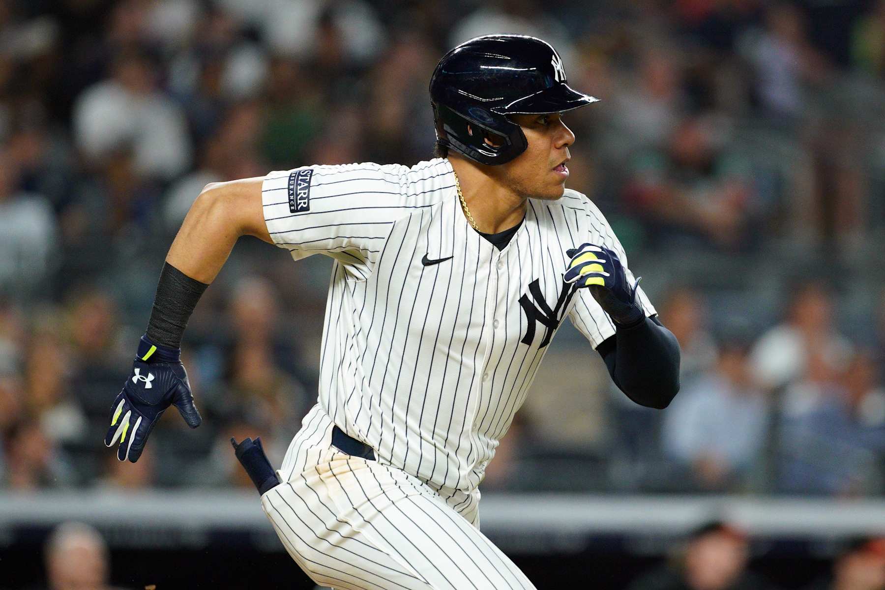 NEW YORK, NEW YORK - SEPTEMBER 26: Juan Soto #22 of the New York Yankees in action against the Baltimore Orioles during the seventh inning at Yankee Stadium on September 26, 2024 in New York City. (Photo by Evan Bernstein/Getty Images)