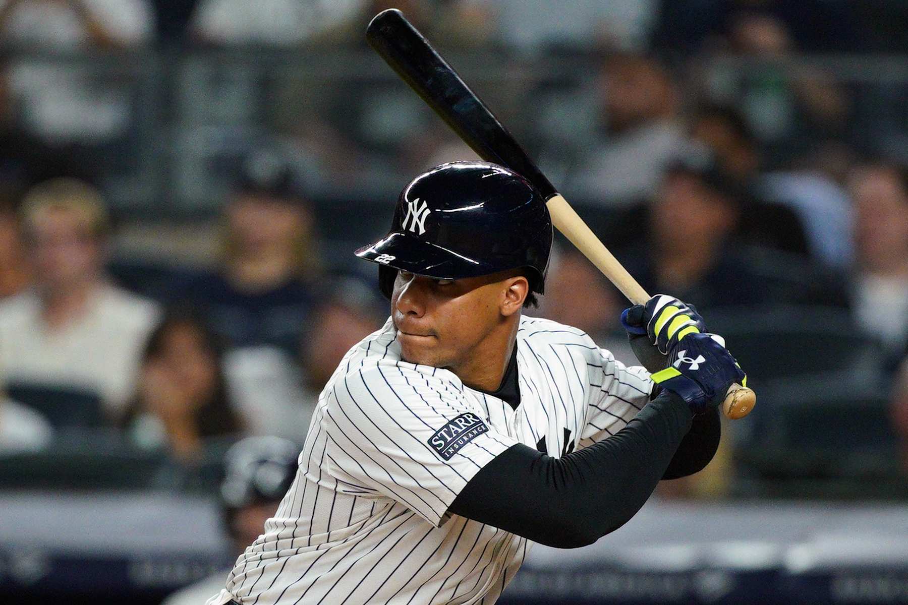 NEW YORK, NEW YORK - SEPTEMBER 26: Juan Soto #22 of the New York Yankees in action against the Baltimore Orioles during the first inning at Yankee Stadium on September 26, 2024 in New York City. (Photo by Evan Bernstein/Getty Images)