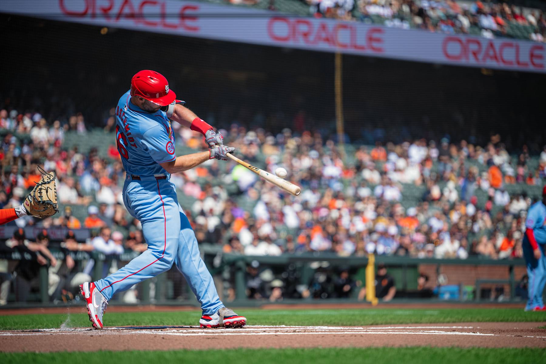 SAN FRANCISCO, CA - SEPTEMBER 28: St. Louis Cardinals first base Paul Goldschmidt (46) hits a single during a MLB game between the St. Louis Cardinals and San Francisco Giants, on September 28, 2024, at Oracle Park in San Francisco, CA. (Photo by Trinity Machan/Icon Sportswire via Getty Images)