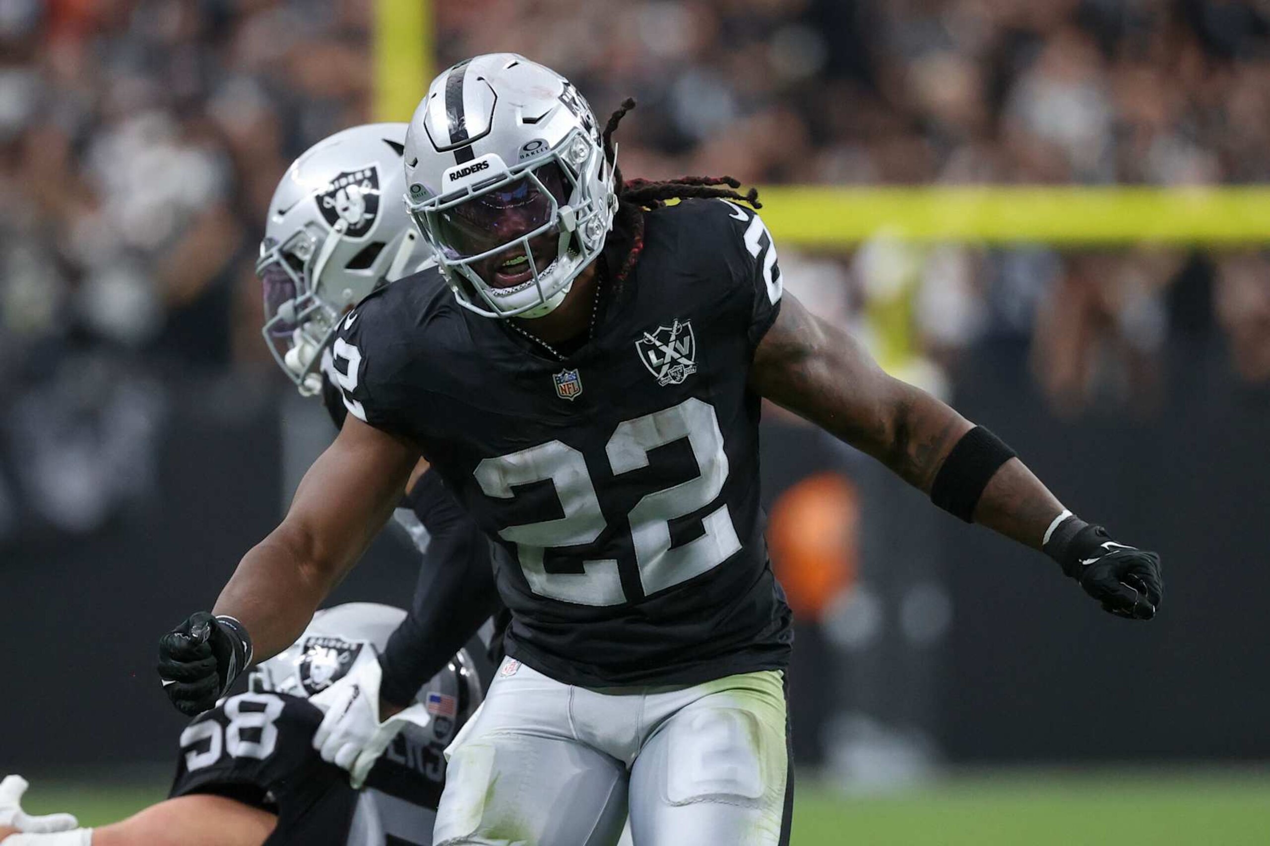 LAS VEGAS, NEVADA - SEPTEMBER 29: Alexander Mattison #22 of the Las Vegas Raiders reacts after a run during the third quarter of a game against the Cleveland Browns at Allegiant Stadium on September 29, 2024 in Las Vegas, Nevada. (Photo by Ian Maule/Getty Images)