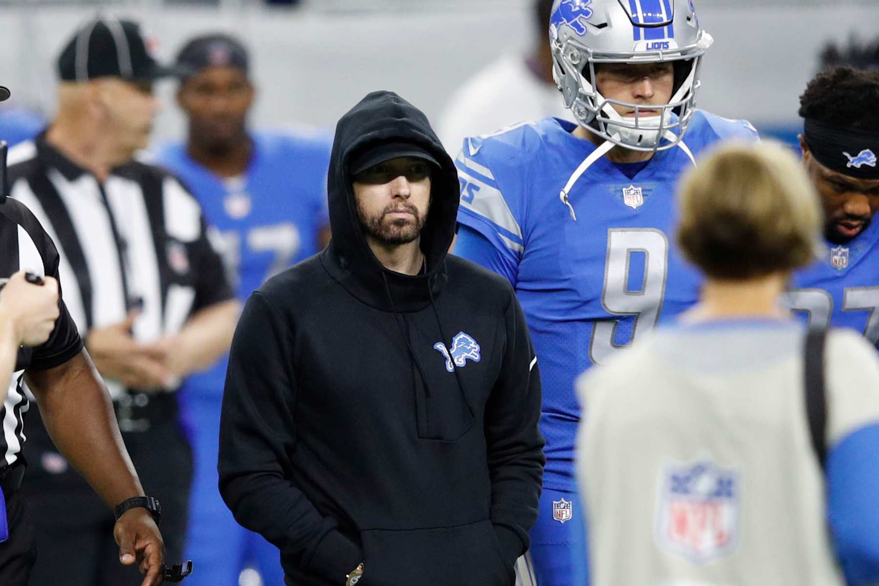 DETROIT, MI - SEPTEMBER 10: Hip-hop artist Eminem takes the field for the coin toss prior to the game between the New York Jets and Detroit Lions at Ford Field on September 10, 2018 in Detroit, Michigan. (Photo by Joe Robbins/Getty Images) DETROIT, MI - SEPTEMBER 10: Hip-hop artist Eminem takes the field for the coin toss prior to the game between the New York Jets and Detroit Lions at Ford Field on September 10, 2018 in Detroit, Michigan. (Photo by Joe Robbins/Getty Images)