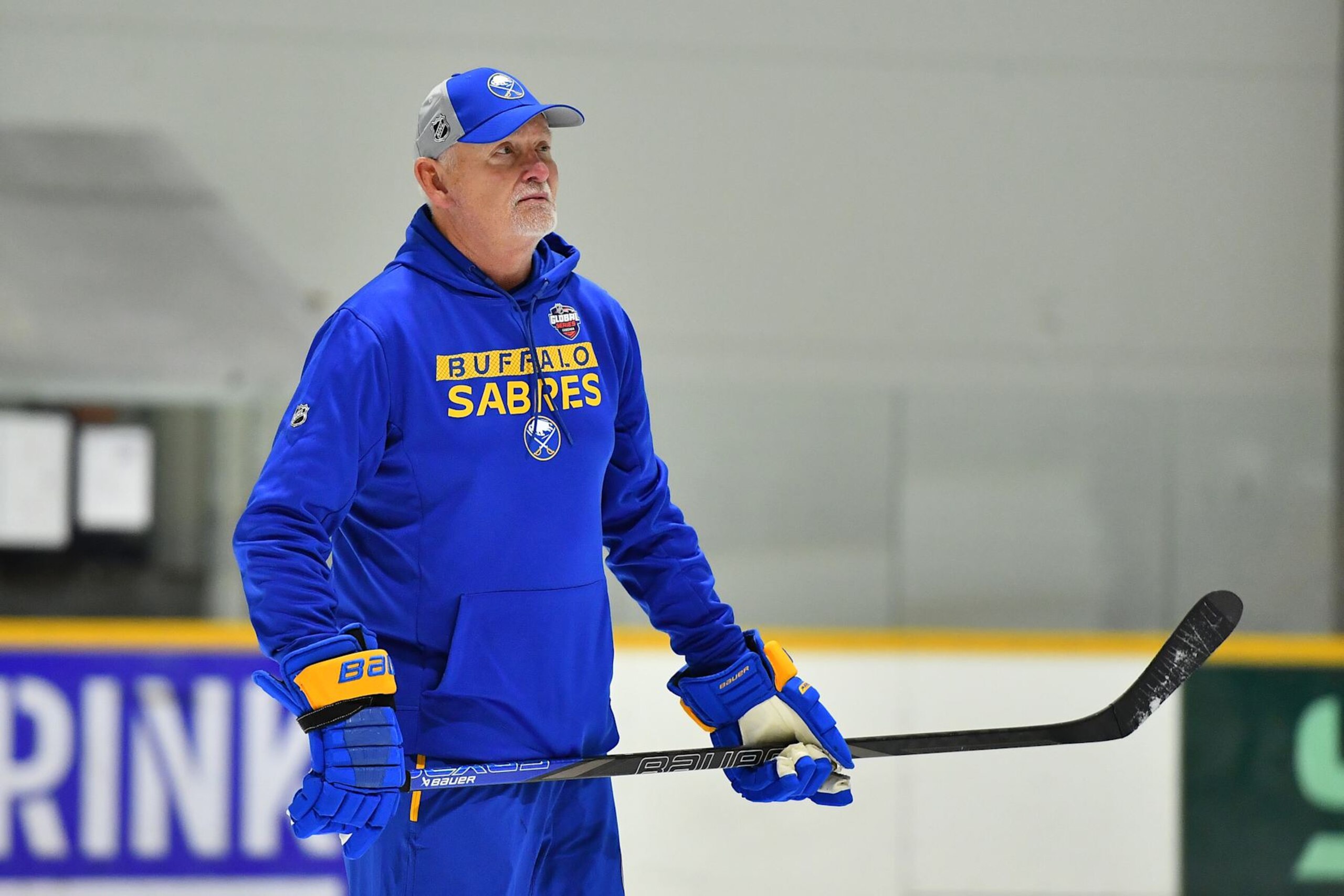 PRAGUE, CZECH REPUBLIC - OCTOBER 02: Head coach Lindy Ruff of the Buffalo Sabres leads practice prior to the 2024 NHL Global Series Czechia on October 02, 2024 in Prague, Czech Republic.  (Photo by Ben Jackson/NHLI via Getty Images)