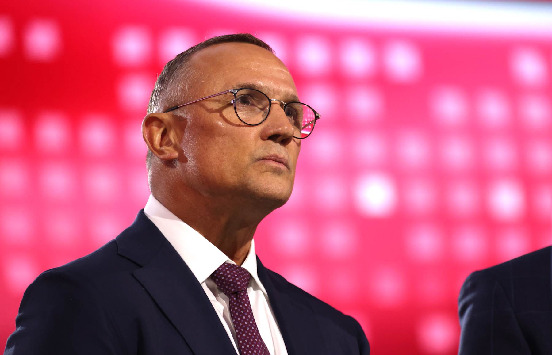 LAS VEGAS, NEVADA - JUNE 28: General manager Steve Yzerman of the Detroit Red Wings looks on from the stage during the first round of the 2024 Upper Deck NHL Draft at Sphere on June 28, 2024 in Las Vegas, Nevada. (Photo by Dave Sandford/NHLI via Getty Images)