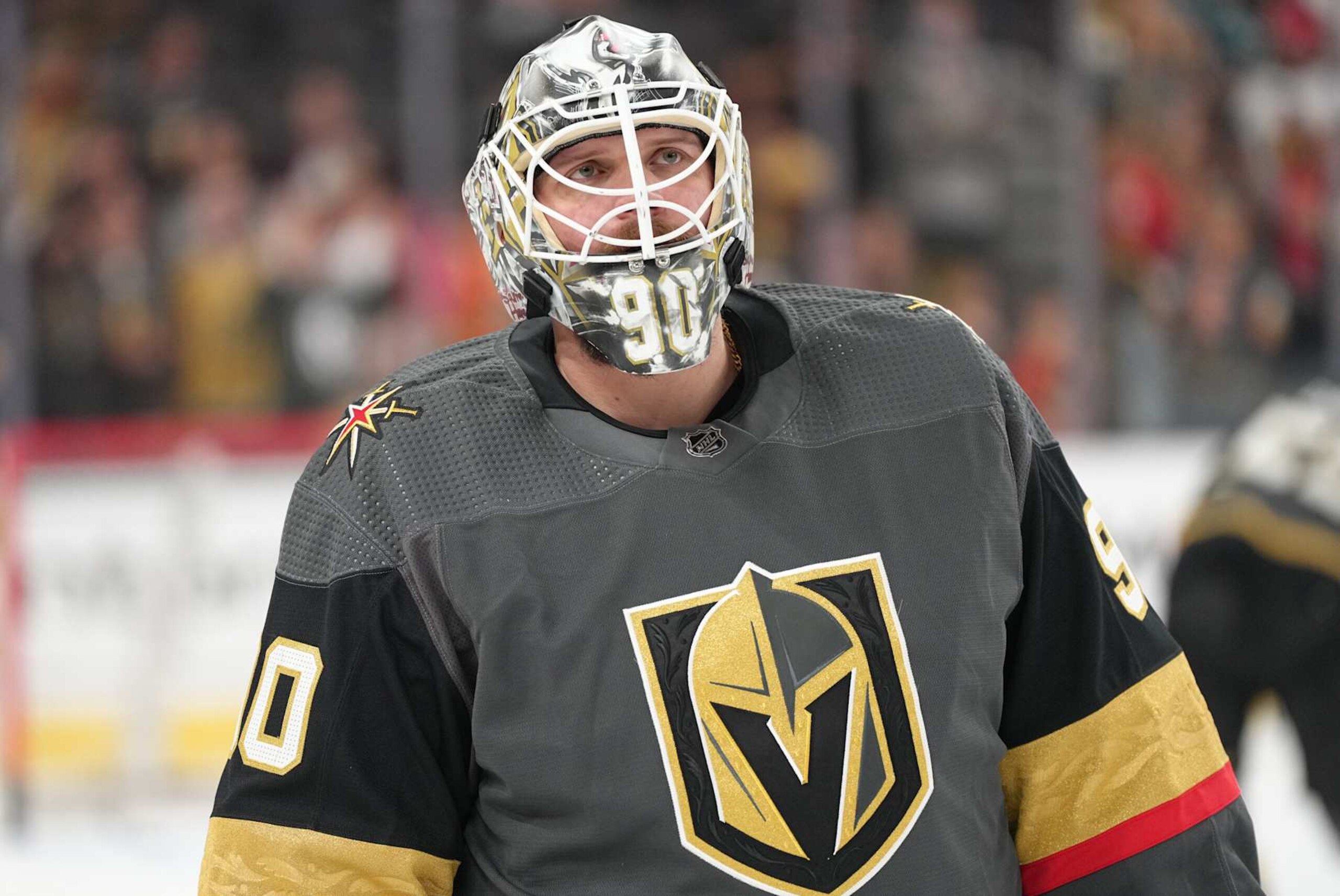 LAS VEGAS, NEVADA - APRIL 24: Robin Lehner #90 of the Vegas Golden Knights warms up prior to a game against the San Jose Sharks at T-Mobile Arena on April 24, 2022 in Las Vegas, Nevada. (Photo by Jeff Bottari/NHLI via Getty Images)
