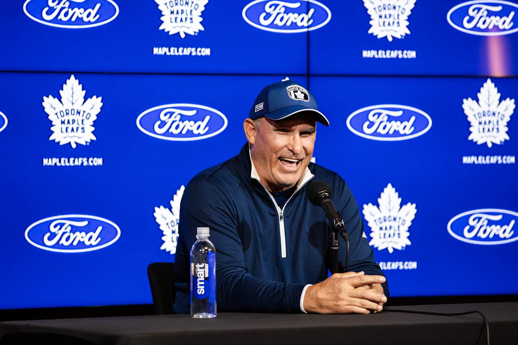 Toronto, ON - September 18: Head Coach Craig Berube laughs at a journalists question during the Toronto Maple Leafs media day. PD Nick Lachance/Toronto Star Nick Lachance/Toronto Star        (Nick Lachance/Toronto Star via Getty Images)