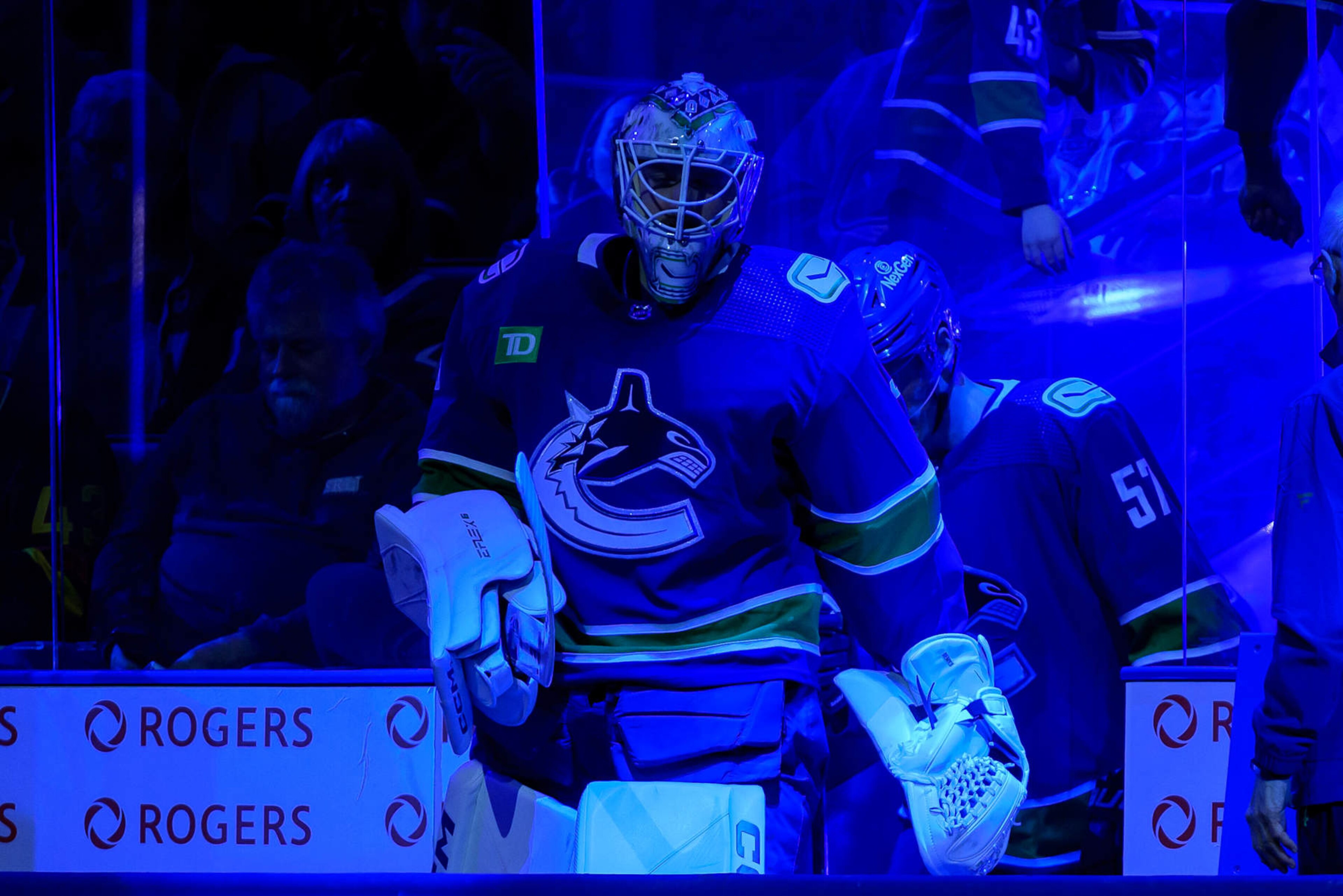 VANCOUVER, CANADA - APRIL 21: Thatcher Demko #35 of the Vancouver Canucks walks onto the ice before the 3rd period in Game One of the First Round of the 2024 Stanley Cup Playoffs against the Nashville Predators at Rogers Arena on April 21, 2024 in Vancouver, British Columbia, Canada. (Photo by Derek Cain/Getty Images)