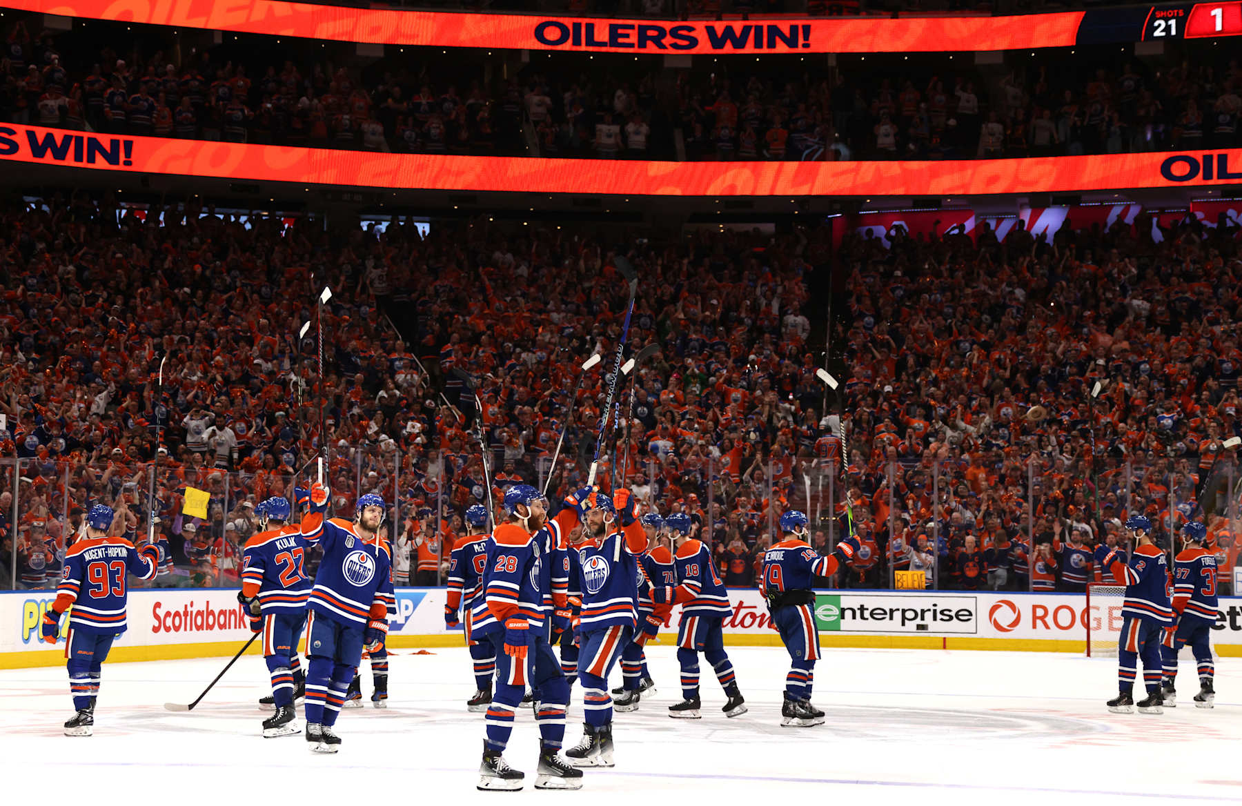 EDMONTON, ALBERTA - JUNE 21: The Edmonton Oilers salute the fans from center ice after Game Six of the 2024 Stanley Cup Final between Florida Panthers and the Edmonton Oilers at Rogers Place on June 21, 2024 in Edmonton, Alberta.  (Photo by Dave Sandford/NHLI via Getty Images)