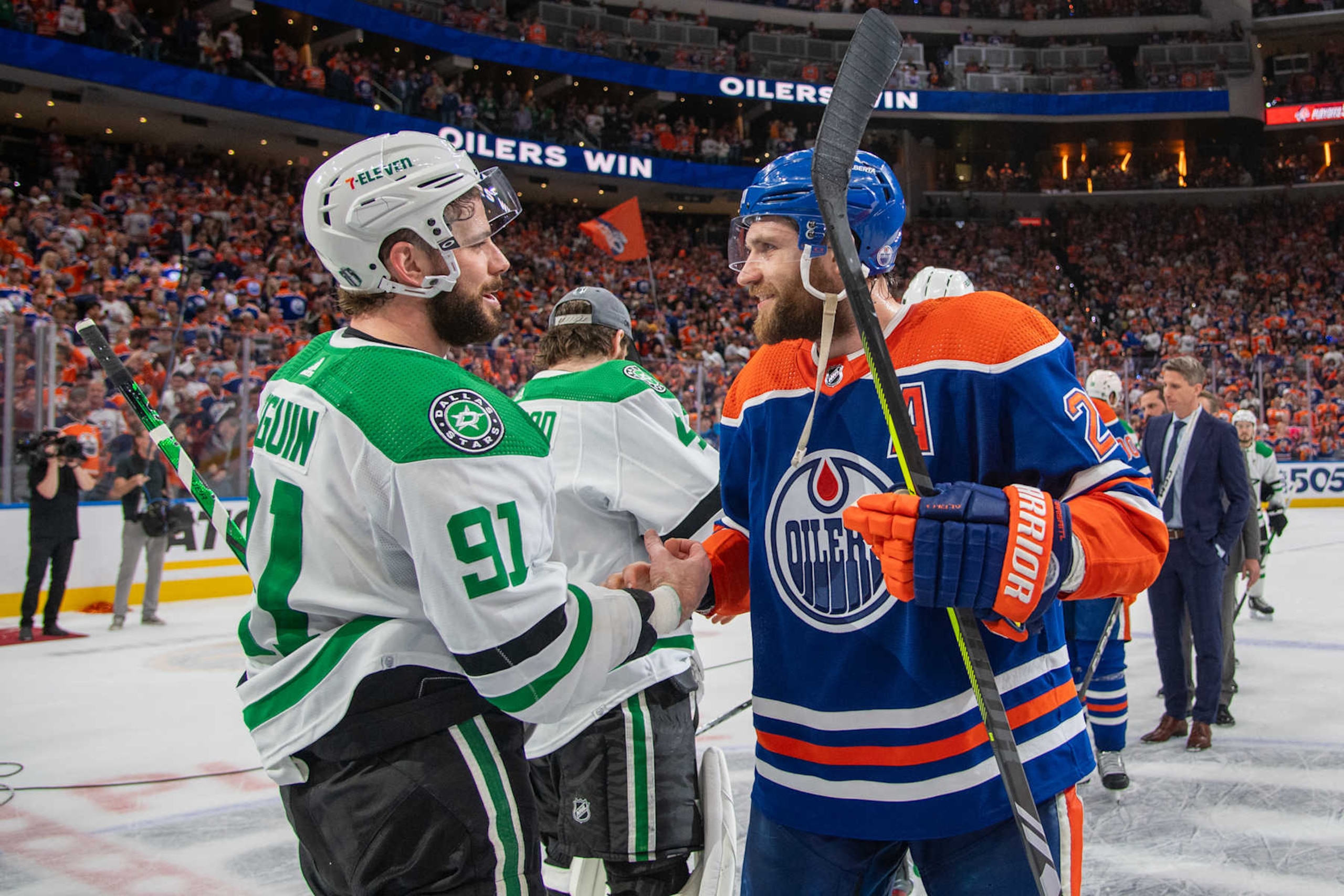 EDMONTON, CANADA - JUNE 02: Leon Draisaitl #29 of the Edmonton Oilers shakes hands with Tyler Seguin #91 of the Dallas Stars after Game Six of the Western Conference Final of the 2024 Stanley Cup Playoffs at Rogers Place on June 2, 2024, in Edmonton, Alberta, Canada. (Photo by Andy Devlin/NHLI via Getty Images)