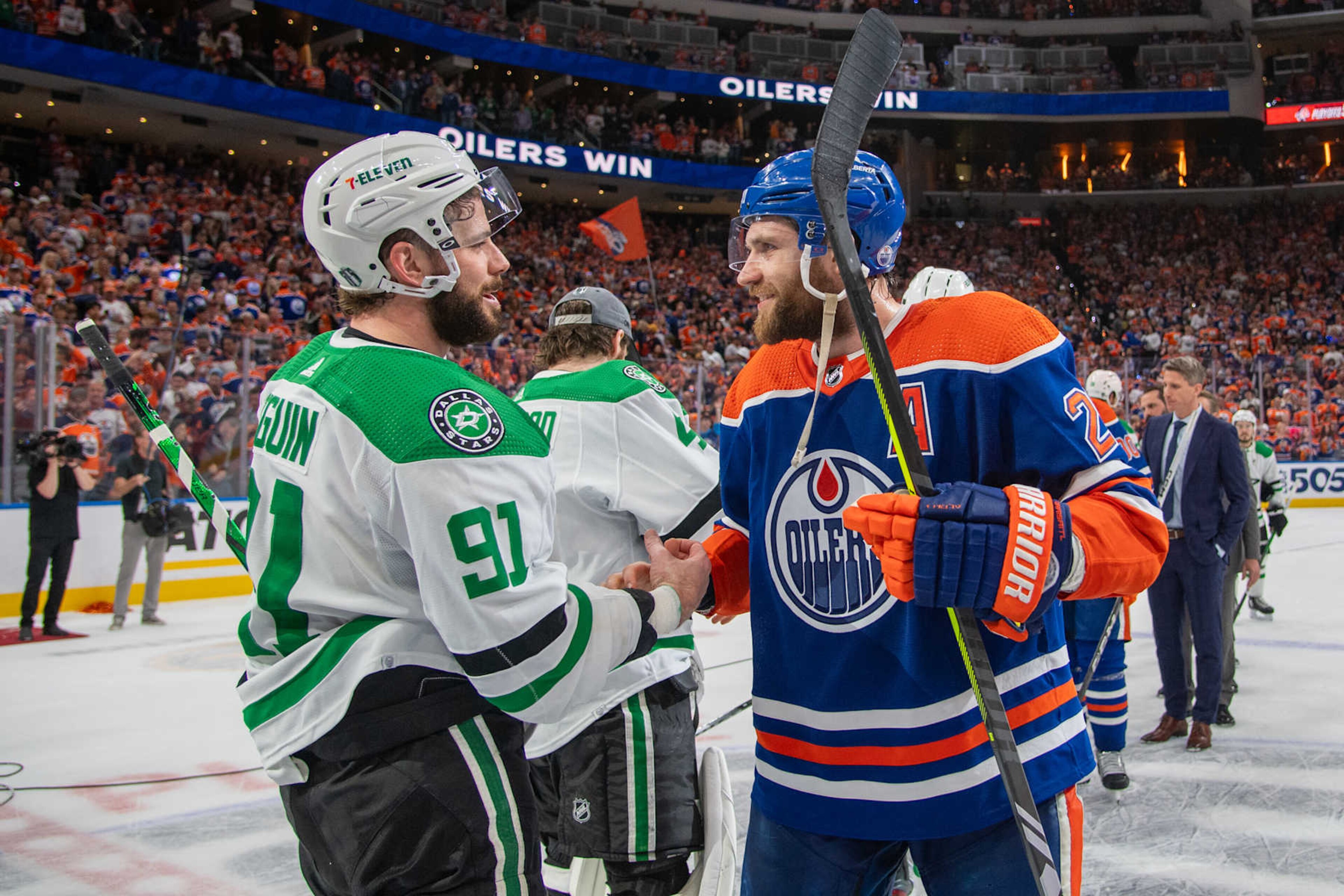 EDMONTON, CANADA - JUNE 02: Leon Draisaitl #29 of the Edmonton Oilers shakes hands with Tyler Seguin #91 of the Dallas Stars after Game Six of the Western Conference Final of the 2024 Stanley Cup Playoffs at Rogers Place on June 2, 2024, in Edmonton, Alberta, Canada. (Photo by Andy Devlin/NHLI via Getty Images)