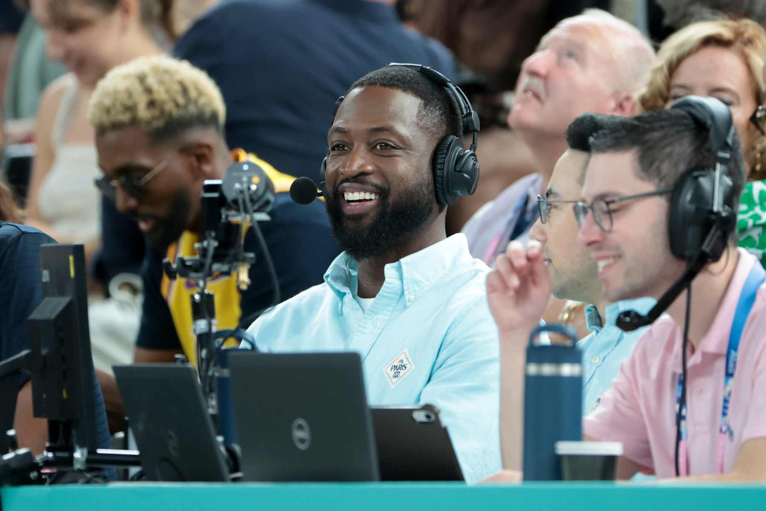 PARIS, FRANCE - AUGUST 06: Dwyane Wade comments for NBC the mens basketball quarterfinals match between Brazil and USA on day eleven of the Olympic Games Paris 2024 at Bercy Arena on August 06, 2024 in Paris, France. (Photo by Jean Catuffe/Getty Images)