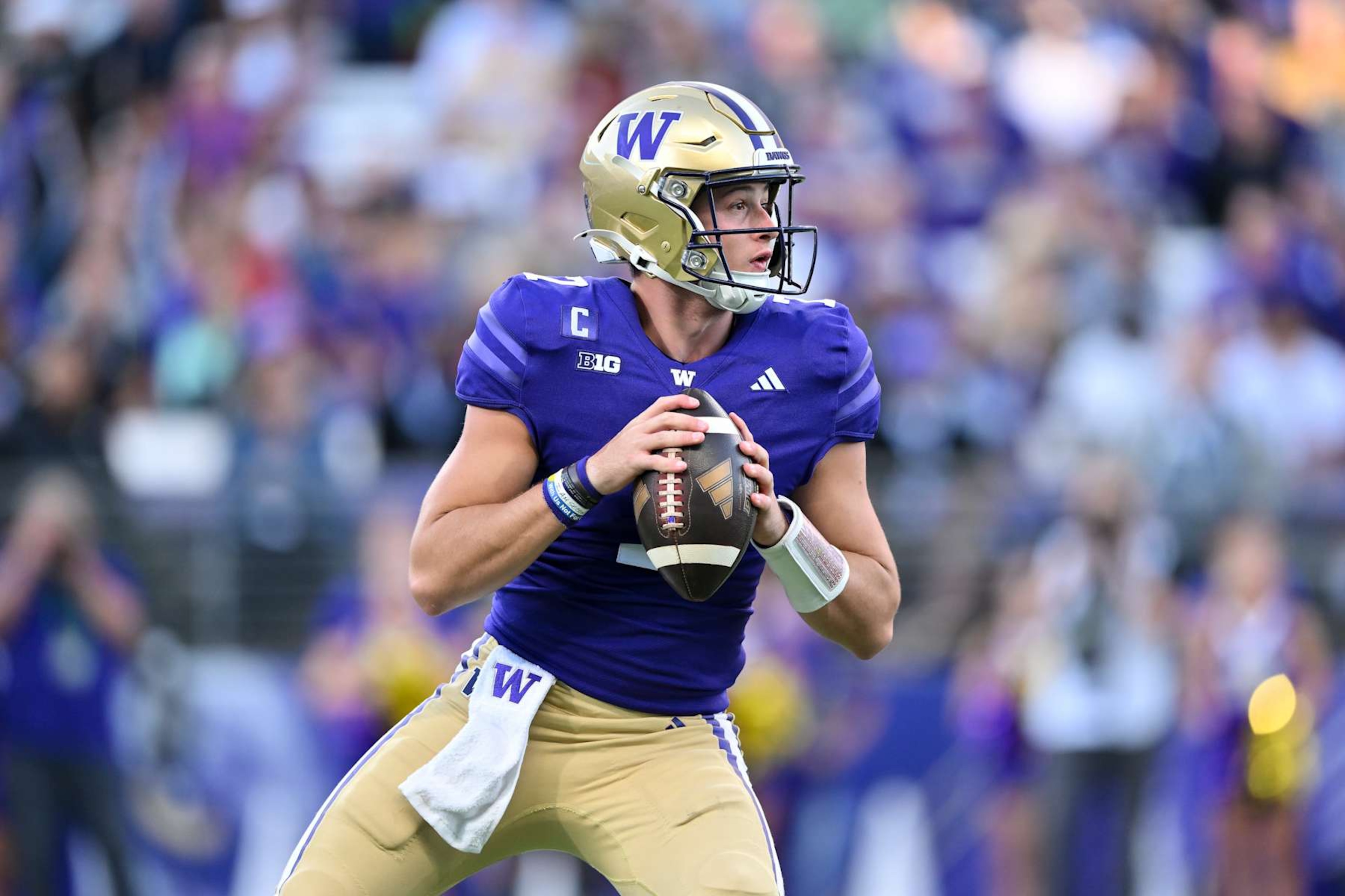 SEATTLE, WASHINGTON - SEPTEMBER 21: Will Rogers #7 of the Washington Huskies stands in the pocket during the game against the Northwestern Wildcats at Husky Stadium on September 21, 2024 in Seattle, Washington. The Huskies defeated the Wildcats 24-5. (Photo by Alika Jenner/Getty Images)