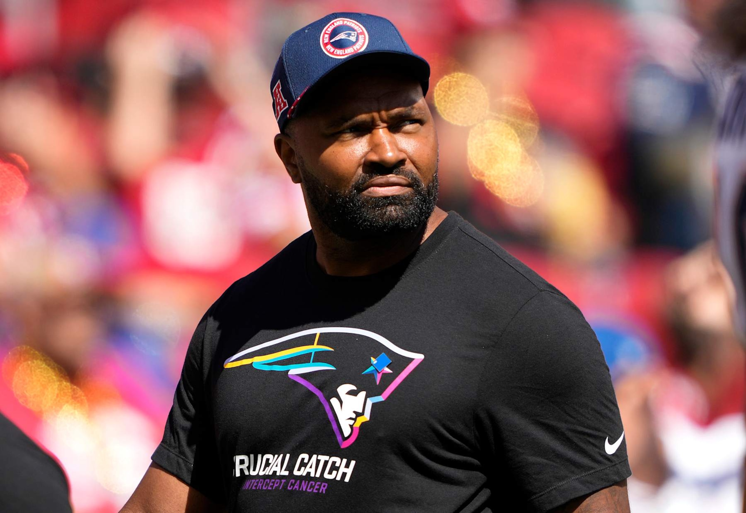 SANTA CLARA, CALIFORNIA - SEPTEMBER 29: Head coach Jerod Mayo of the New England Patriots wearing a t-shirt with the "Crucial Catch Intercept Cancer" logo, looks on before the game against the San Francisco 49ers at Levi's Stadium on September 29, 2024 in Santa Clara, California. (Photo by Thearon W. Henderson/Getty Images)