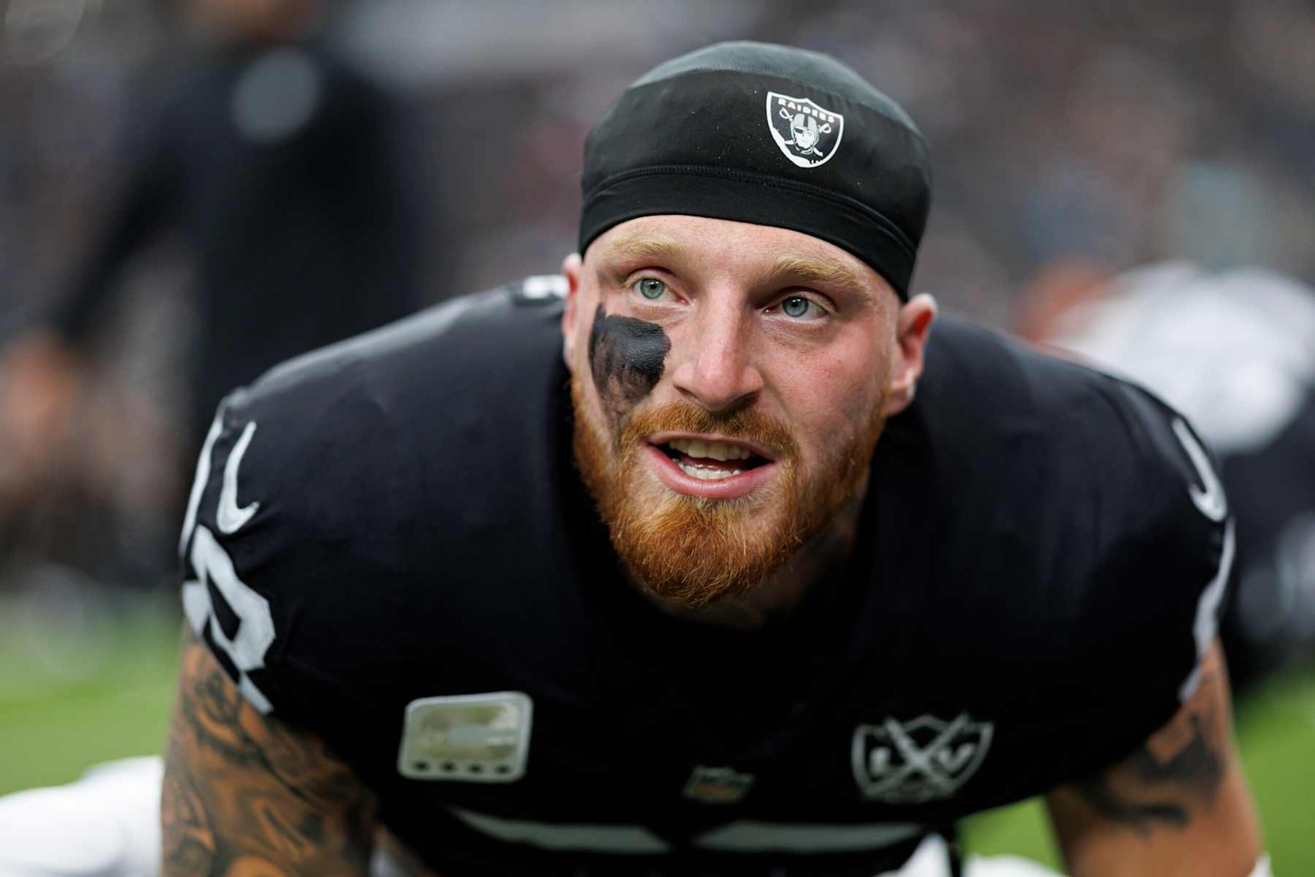 LAS VEGAS, NEVADA - SEPTEMBER 22: Defensive end Maxx Crosby #98 of the Las Vegas Raiders stretches prior to an NFL football game against the Carolina Panthers, at Allegiant Stadium on September 22, 2024 in Las Vegas, Nevada. (Photo by Brooke Sutton/Getty Images)