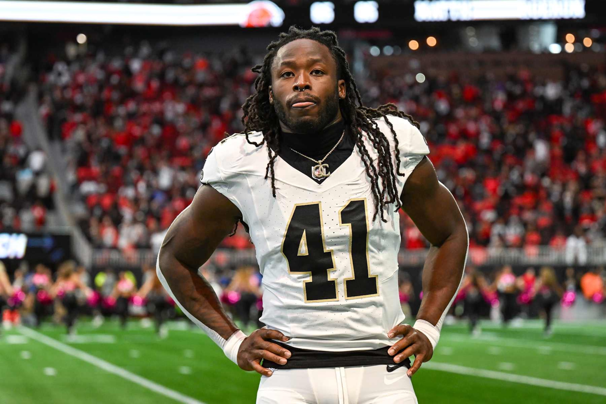 ATLANTA, GA  SEPTEMBER 29:  New Orleans running back Alvin Kamara (41) reacts prior to the start of the NFL game between the New Orleans Saints and the Atlanta Falcons on September 29th, 2024 at Mercedes-Benz Stadium in Atlanta, GA.  (Photo by Rich von Biberstein/Icon Sportswire via Getty Images)