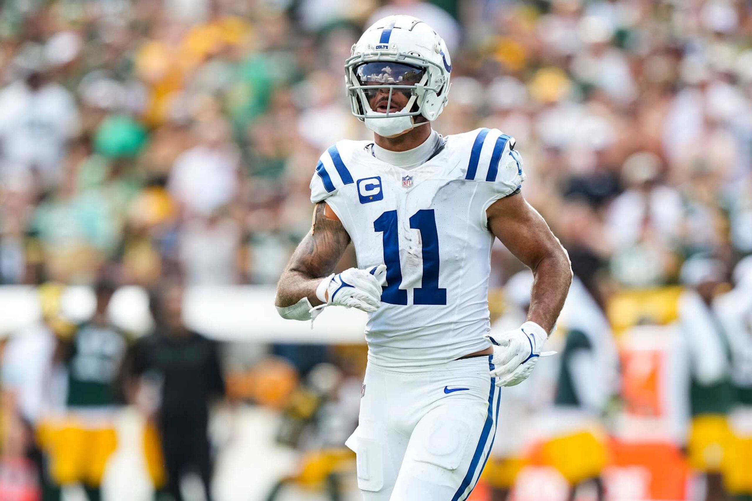 GREEN BAY, WI - SEPTEMBER 15: Wide receiver Michael Pittman Jr. #11 of the Indianapolis Colts gets set during the fourth quarter of an NFL football game against the Green Bay Packers, at Lambeau Field on September 15, 2024 in Green Bay, Wisconsin. (Photo by Todd Rosenberg/Getty Images)
