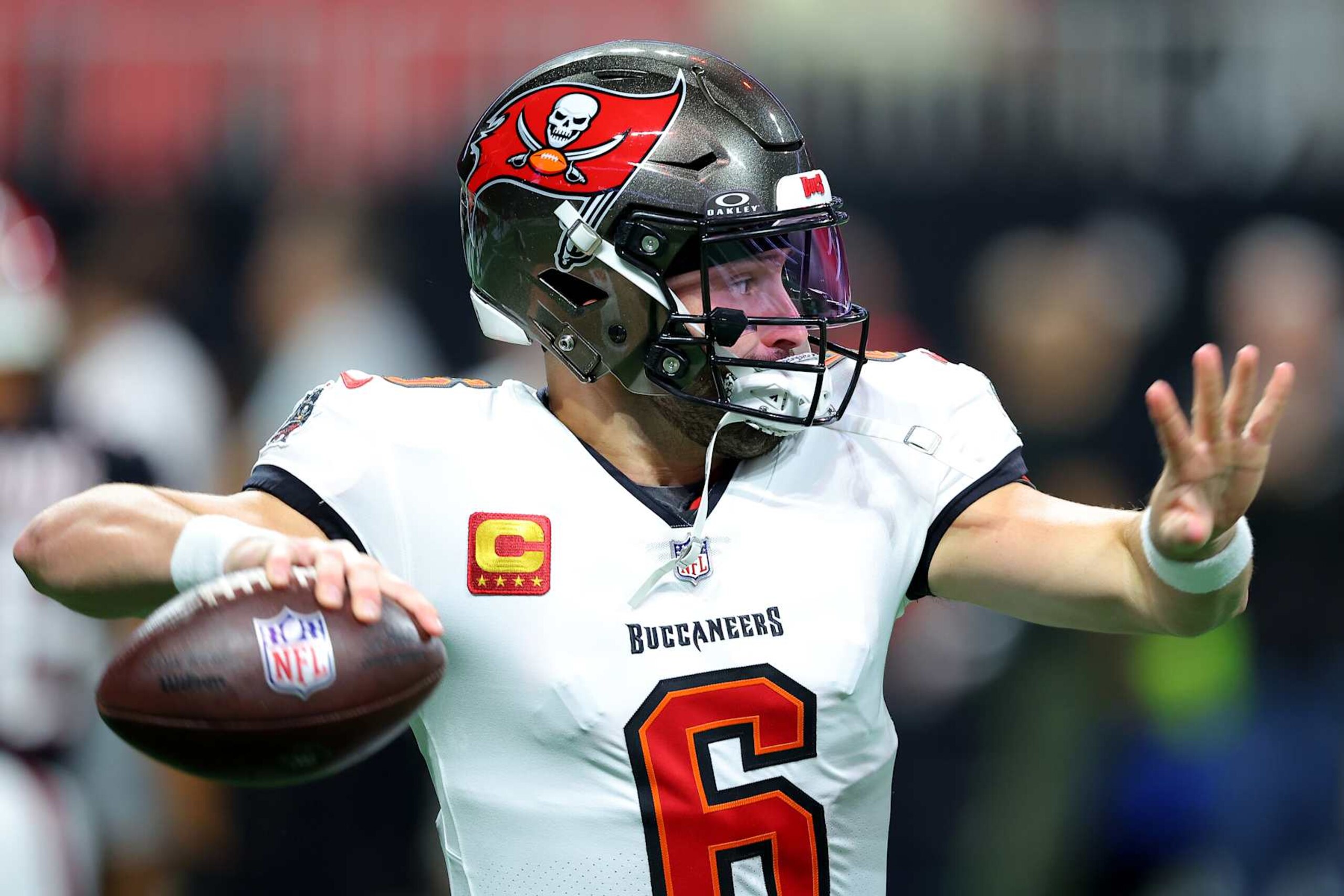 ATLANTA, GEORGIA - OCTOBER 03: Baker Mayfield #6 of the Tampa Bay Buccaneers warms up prior to the game against the Atlanta Falcons at Mercedes-Benz Stadium on October 03, 2024 in Atlanta, Georgia. (Photo by Kevin C. Cox/Getty Images) ATLANTA, GEORGIA - OCTOBER 03: Baker Mayfield #6 of the Tampa Bay Buccaneers warms up prior to the game against the Atlanta Falcons at Mercedes-Benz Stadium on October 03, 2024 in Atlanta, Georgia. (Photo by Kevin C. Cox/Getty Images)