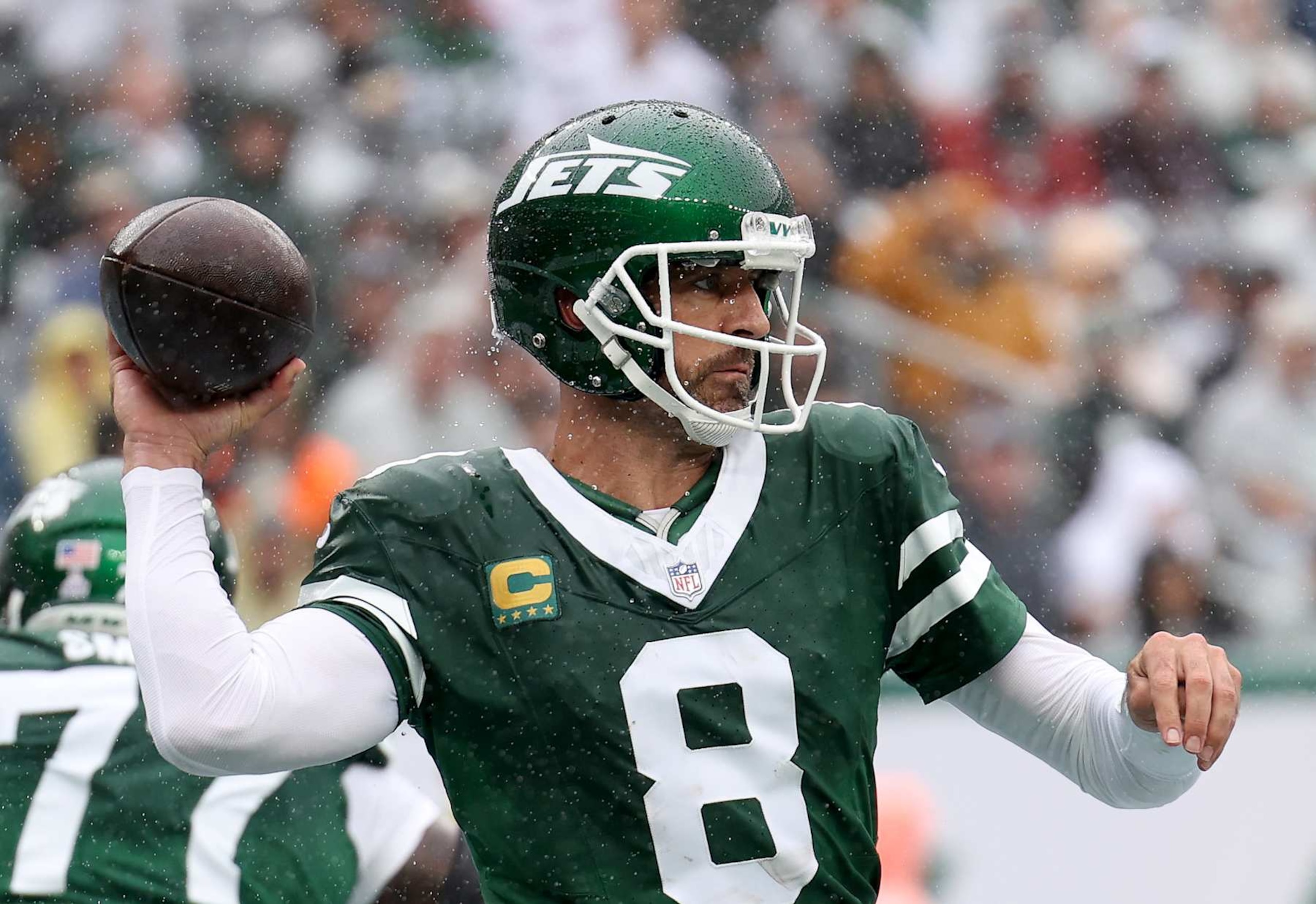 EAST RUTHERFORD, NEW JERSEY - SEPTEMBER 29: Aaron Rodgers (8) of the New York Jets passes against the Denver Broncos during the first quarter at MetLife Stadium on September 29, 2024 in East Rutherford, New Jersey. (Photo by Luke Hales/Getty Images)