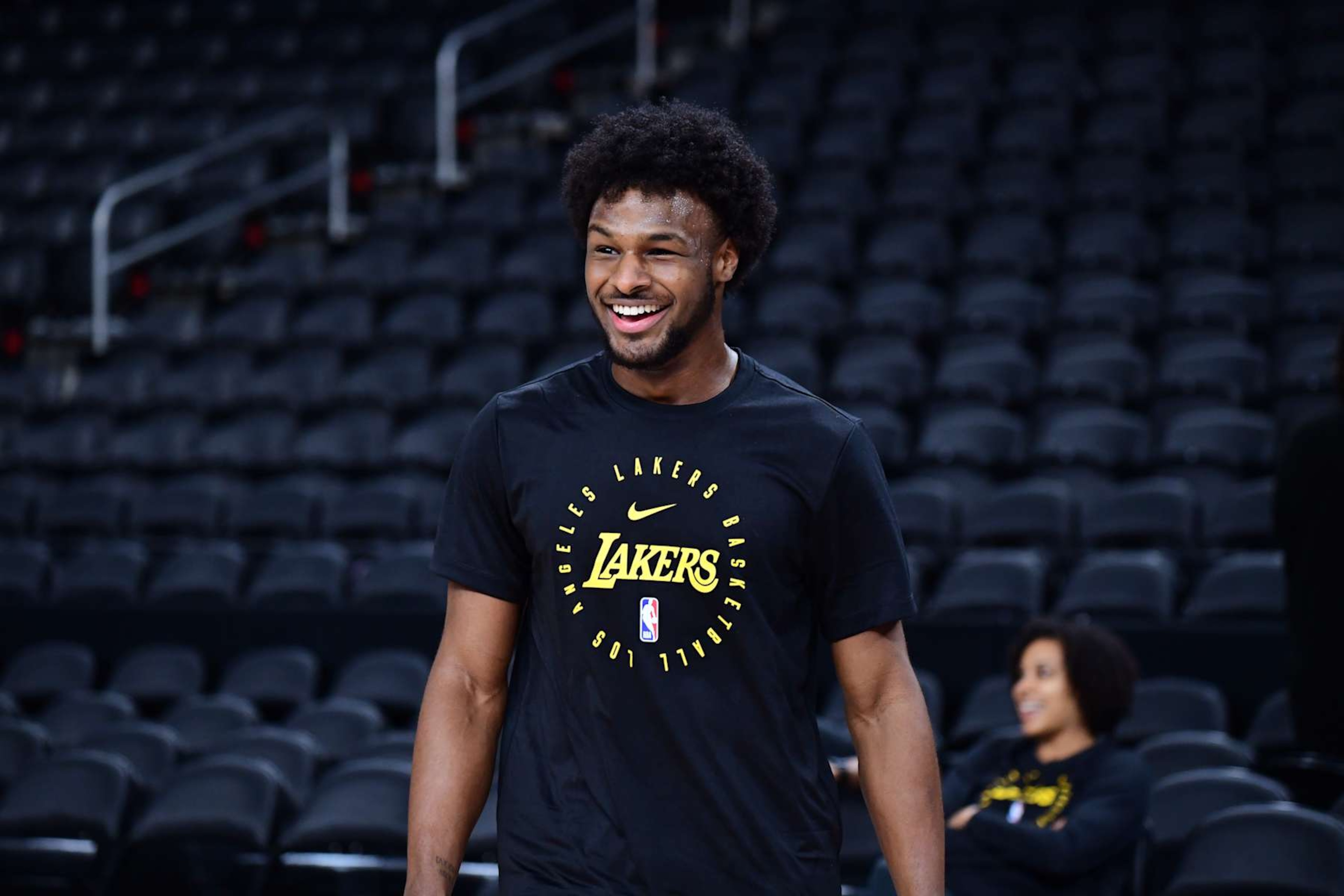PALM SPRINGS, CA - OCTOBER 4: Bronny James #9 of the Los Angeles Lakers warms up before the game against the Minnesota Timberwolves during an NBA preseason game on October 4, 2024 at Acrisure Arena in Palm Springs, California. NOTE TO USER: User expressly acknowledges and agrees that, by downloading and/or using this Photograph, user is consenting to the terms and conditions of the Getty Images License Agreement. Mandatory Copyright Notice: Copyright 2024 NBAE (Photo by Adam Pantozzi/NBAE via Getty Images)