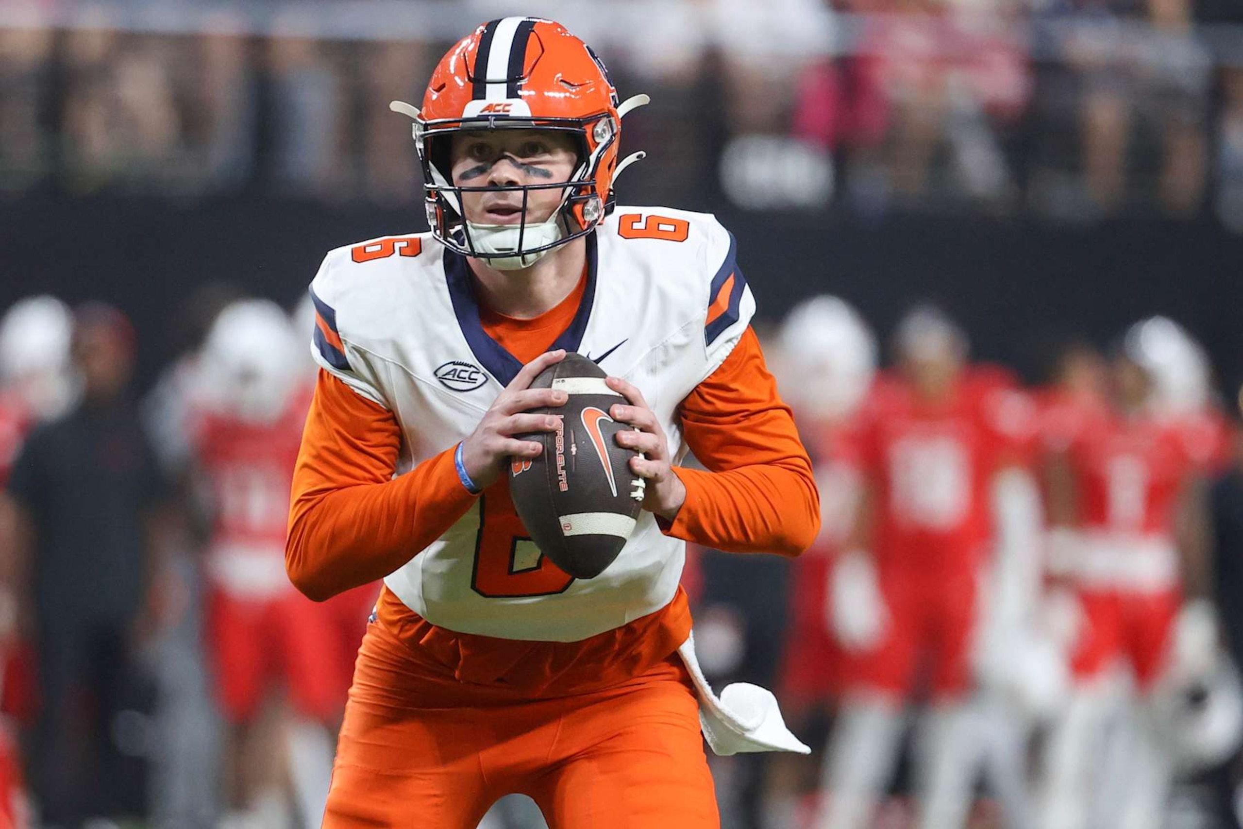 LAS VEGAS, NEVADA - OCTOBER 04: Kyle McCord #6 of the Syracuse Orange attempts a pass during the first quarter of a game against the UNLV Rebels at Allegiant Stadium on October 04, 2024 in Las Vegas, Nevada. (Photo by Ian Maule/Getty Images) LAS VEGAS, NEVADA - OCTOBER 04: Kyle McCord #6 of the Syracuse Orange attempts a pass during the first quarter of a game against the UNLV Rebels at Allegiant Stadium on October 04, 2024 in Las Vegas, Nevada. (Photo by Ian Maule/Getty Images)