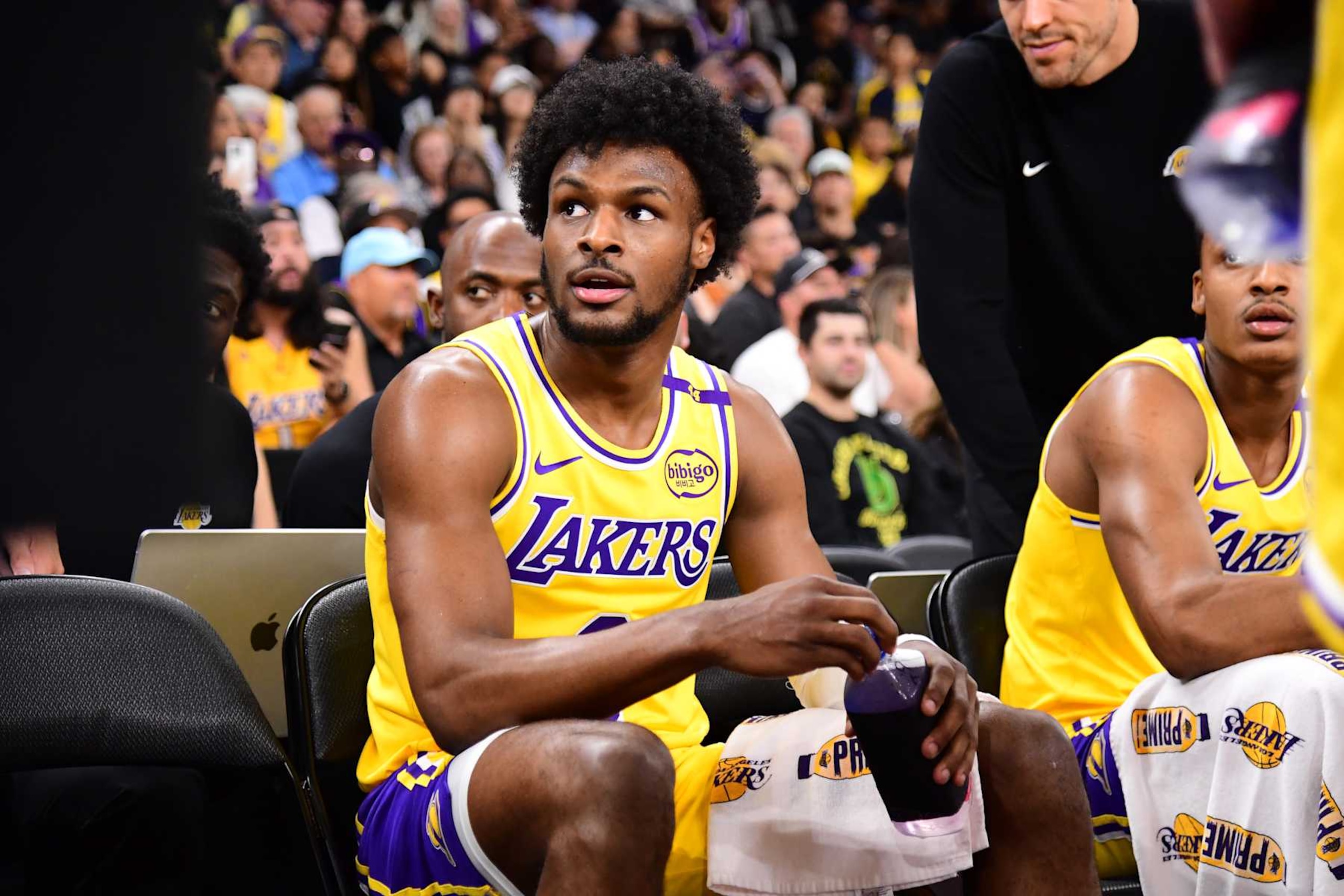 PALM SPRINGS, CA - OCTOBER 4: Bronny James #9 of the Los Angeles Lakers looks on during the game against the Minnesota Timberwolves during an NBA preseason game on October 4, 2024 at Acrisure Arena in Palm Springs, California. NOTE TO USER: User expressly acknowledges and agrees that, by downloading and/or using this Photograph, user is consenting to the terms and conditions of the Getty Images License Agreement. Mandatory Copyright Notice: Copyright 2024 NBAE (Photo by Adam Pantozzi/NBAE via Getty Images)