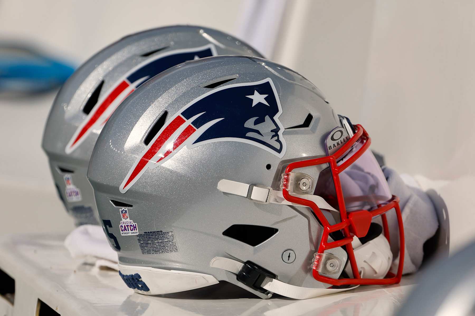 FOXBOROUGH, MA - OCTOBER 8: The New England Patriots logo is seen on a helmet during the game between the New England Patriots and the New Orleans Saints at Gillette Stadium on October 8, 2023 in Foxborough, Massachusetts.(Photo By Winslow Townson/Getty Images)