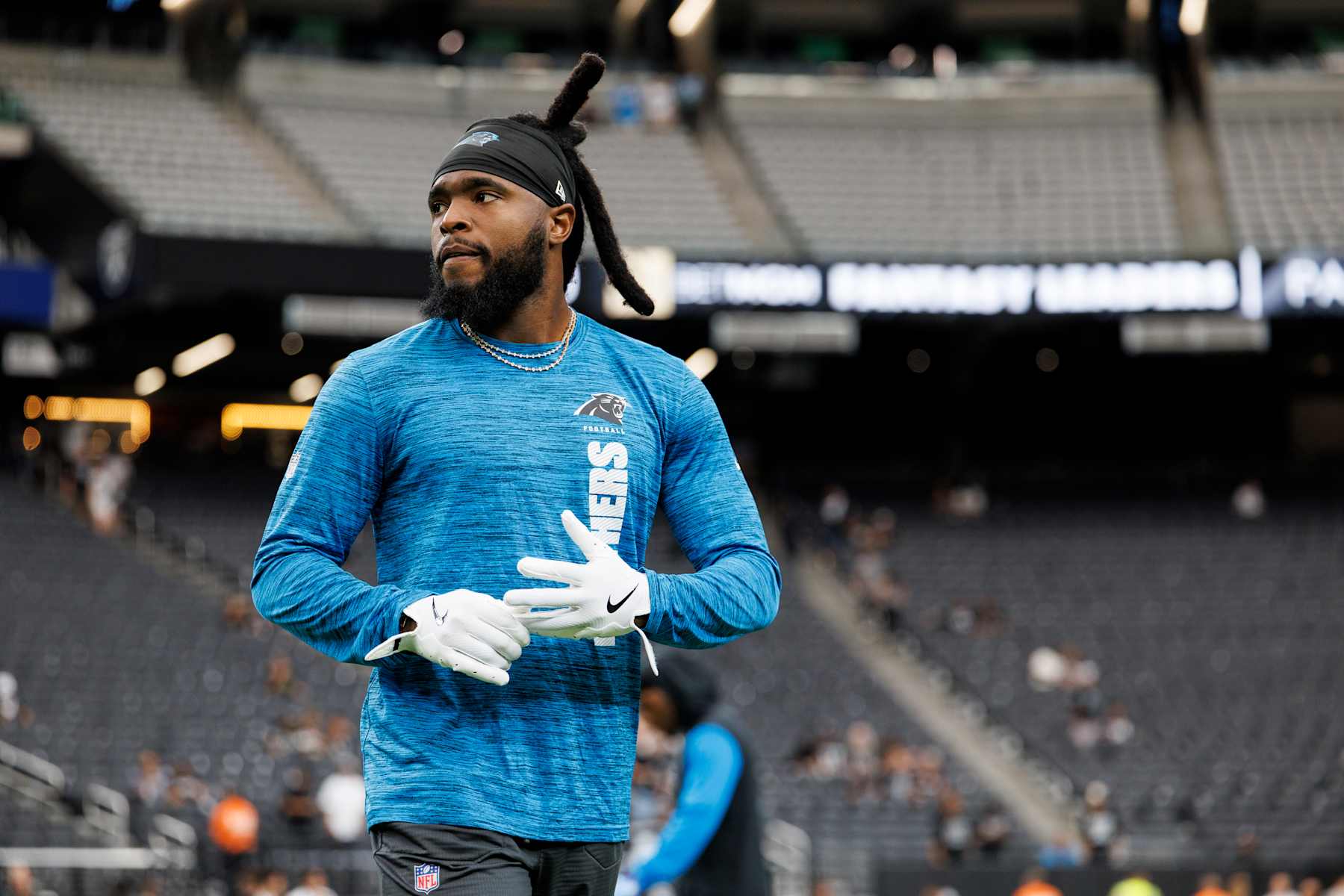 LAS VEGAS, NEVADA - SEPTEMBER 22: Wide receiver Diontae Johnson #5 of the Carolina Panthers looks on prior to an NFL football game against the Las Vegas Raiders, at Allegiant Stadium on September 22, 2024 in Las Vegas, Nevada. (Photo by Brooke Sutton/Getty Images)