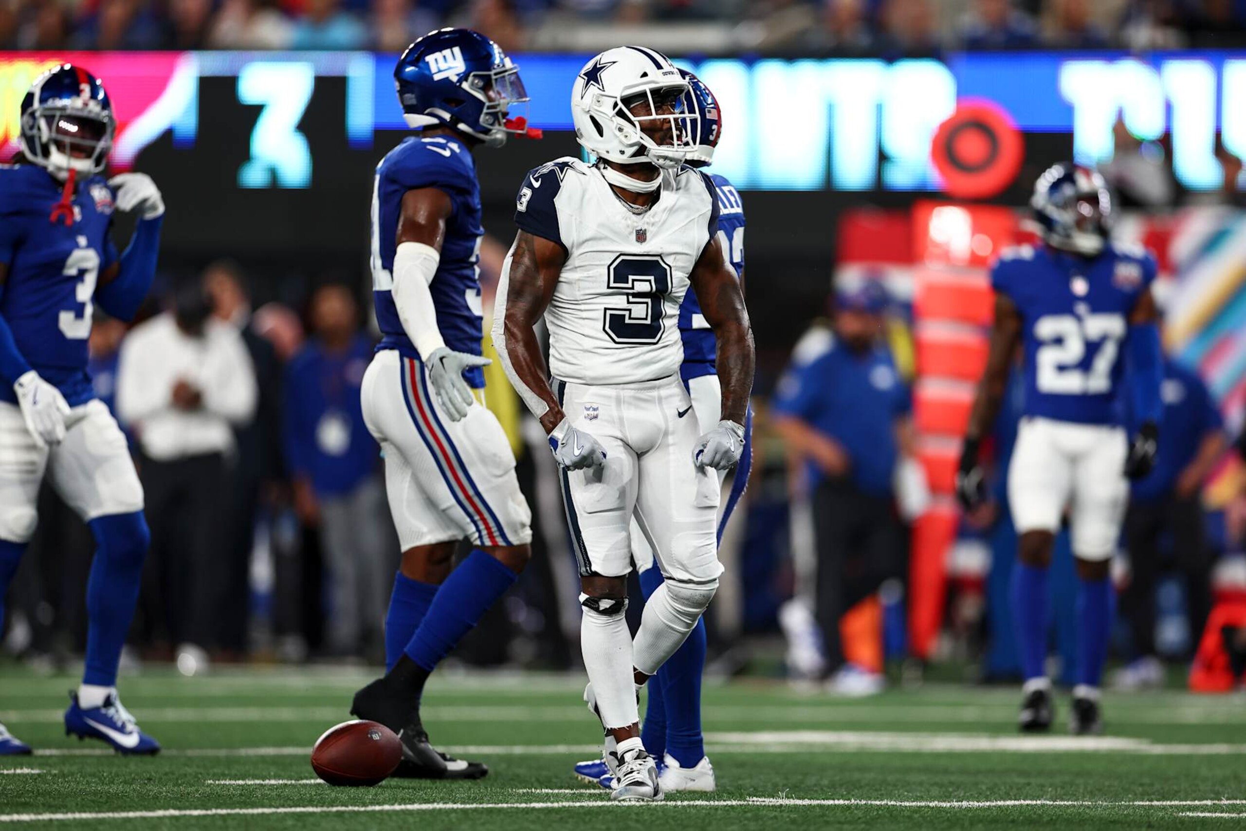 EAST RUTHERFORD, NJ - SEPTEMBER 26: Brandin Cooks #3 of the Dallas Cowboys celebrates after a play during an NFL football game against the New York Giants at MetLife Stadium on September 26, 2024 in East Rutherford, New Jersey. (Photo by Kevin Sabitus/Getty Images)