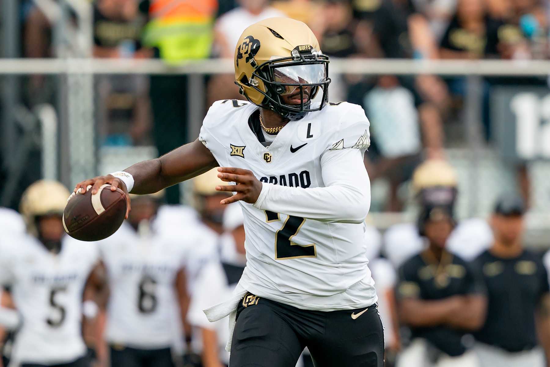 ORLANDO, FL - SEPTEMBER 28: Colorado Buffaloes quarterback Shedeur Sanders (2) passes during a college football game between the Colorado Buffaloes and the UCF Knights on September 28th, 2024 at FBC Mortgage Stadium in Orlando, FL. (Photo by Chris Leduc/Icon Sportswire via Getty Images) ORLANDO, FL - SEPTEMBER 28: Colorado Buffaloes quarterback Shedeur Sanders (2) passes during a college football game between the Colorado Buffaloes and the UCF Knights on September 28th, 2024 at FBC Mortgage Stadium in Orlando, FL. (Photo by Chris Leduc/Icon Sportswire via Getty Images)