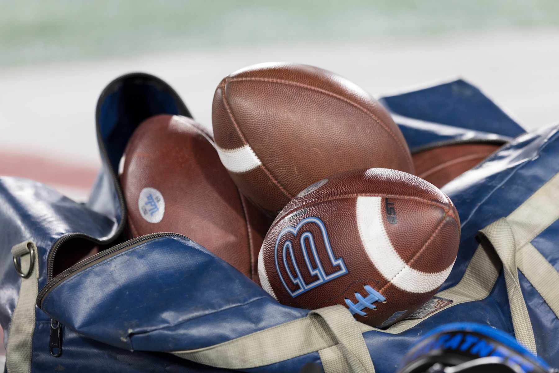 PALO ALTO, CA - OCTOBER 21:  A detail view of a bag of footballs on the field at Stanford Stadium  during a Pac-12 NCAA college football game between the UCLA Bruins and the Stanford Cardinal on October 21, 2023 at Stanford Stadium in Palo Alto, California.  (Photo by David Madison/Getty Images)