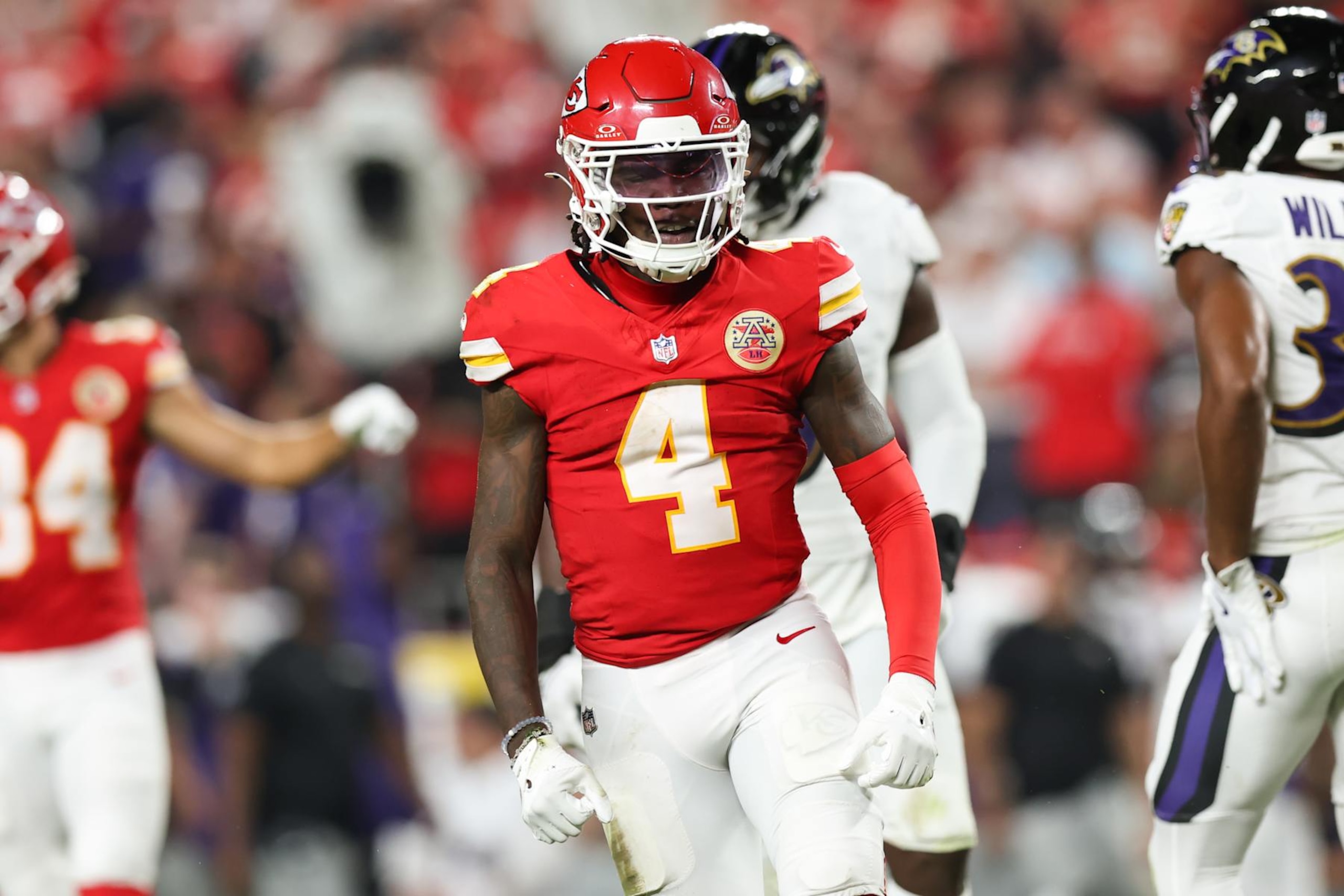 KANSAS CITY, MO - SEPTEMBER 05: Kansas City Chiefs wide receiver Rashee Rice (4) flexes after a first down reception in the third quarter of an NFL game between the Baltimore Ravens and Kansas City Chiefs on September 5, 2024 at GEHA Field at Arrowhead Stadium in Kansas City, MO. (Photo by Scott Winters/Icon Sportswire via Getty Images)