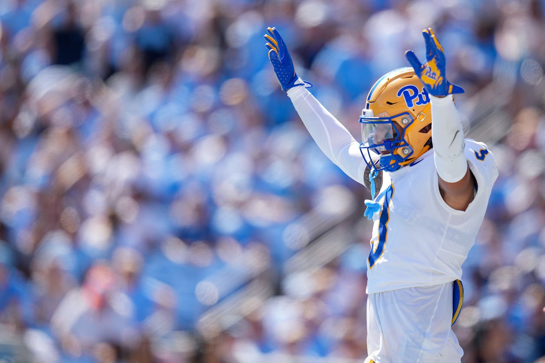 CHAPEL HILL, NORTH CAROLINA - OCTOBER 05: Donovan McMillon #3 of the Pittsburgh Panthers reacts after breaking up a pass against the North Carolina Tar Heels during the first half of the at Kenan Memorial Stadium on October 05, 2024 in Chapel Hill, North Carolina. (Photo by Grant Halverson/Getty Images)