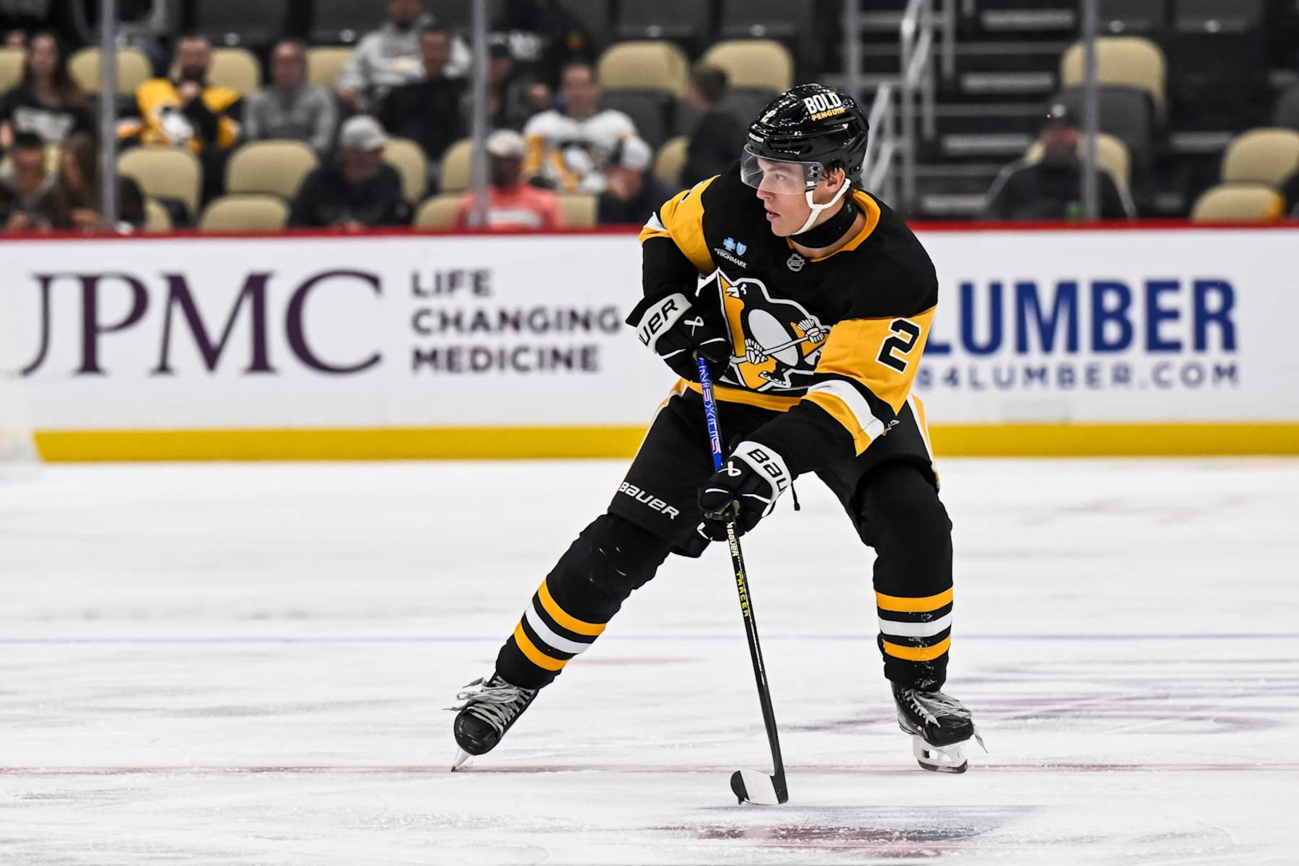 PITTSBURGH, PA - SEPTEMBER 24: Pittsburgh Penguins right wing Rutger McGroarty (2) skates with the puck during the third period in the NHL preseason game between the Pittsburgh Penguins and the Buffalo Sabres on September 24, 2024, at PPG Paints Arena in Pittsburgh, PA. (Photo by Jeanine Leech/Icon Sportswire via Getty Images) PITTSBURGH, PA - SEPTEMBER 24: Pittsburgh Penguins right wing Rutger McGroarty (2) skates with the puck during the third period in the NHL preseason game between the Pittsburgh Penguins and the Buffalo Sabres on September 24, 2024, at PPG Paints Arena in Pittsburgh, PA. (Photo by Jeanine Leech/Icon Sportswire via Getty Images)