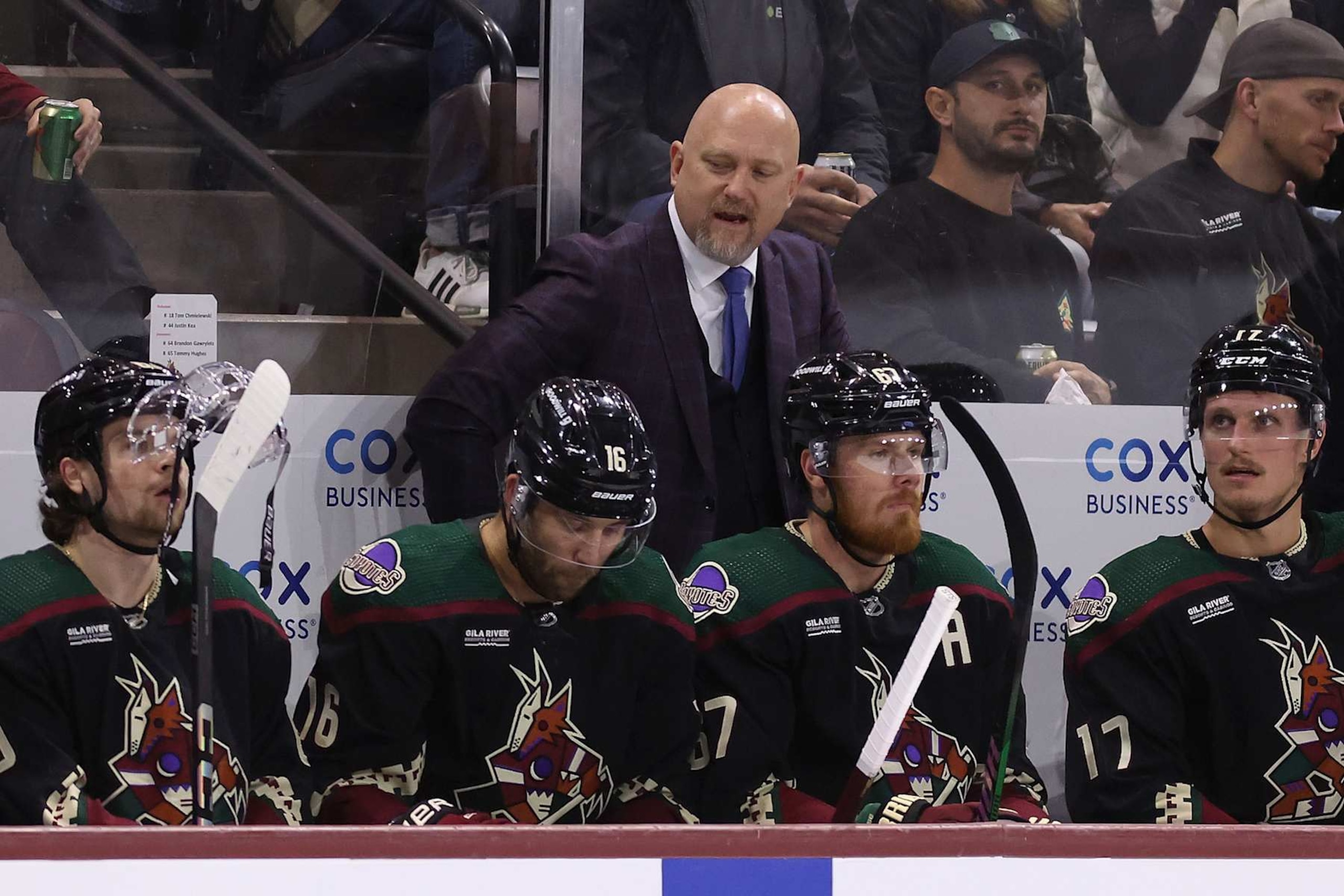 TEMPE, ARIZONA - NOVEMBER 20: Head coach Andre Tourigny of the Arizona Coyotes reacts on the bench during the second period of the NHL game against the Los Angeles Kings at Mullett Arena on November 20, 2023 in Tempe, Arizona. The Kings defeated the Coyotes 4-1. (Photo by Christian Petersen/Getty Images) TEMPE, ARIZONA - NOVEMBER 20: Head coach Andre Tourigny of the Arizona Coyotes reacts on the bench during the second period of the NHL game against the Los Angeles Kings at Mullett Arena on November 20, 2023 in Tempe, Arizona. The Kings defeated the Coyotes 4-1. (Photo by Christian Petersen/Getty Images)