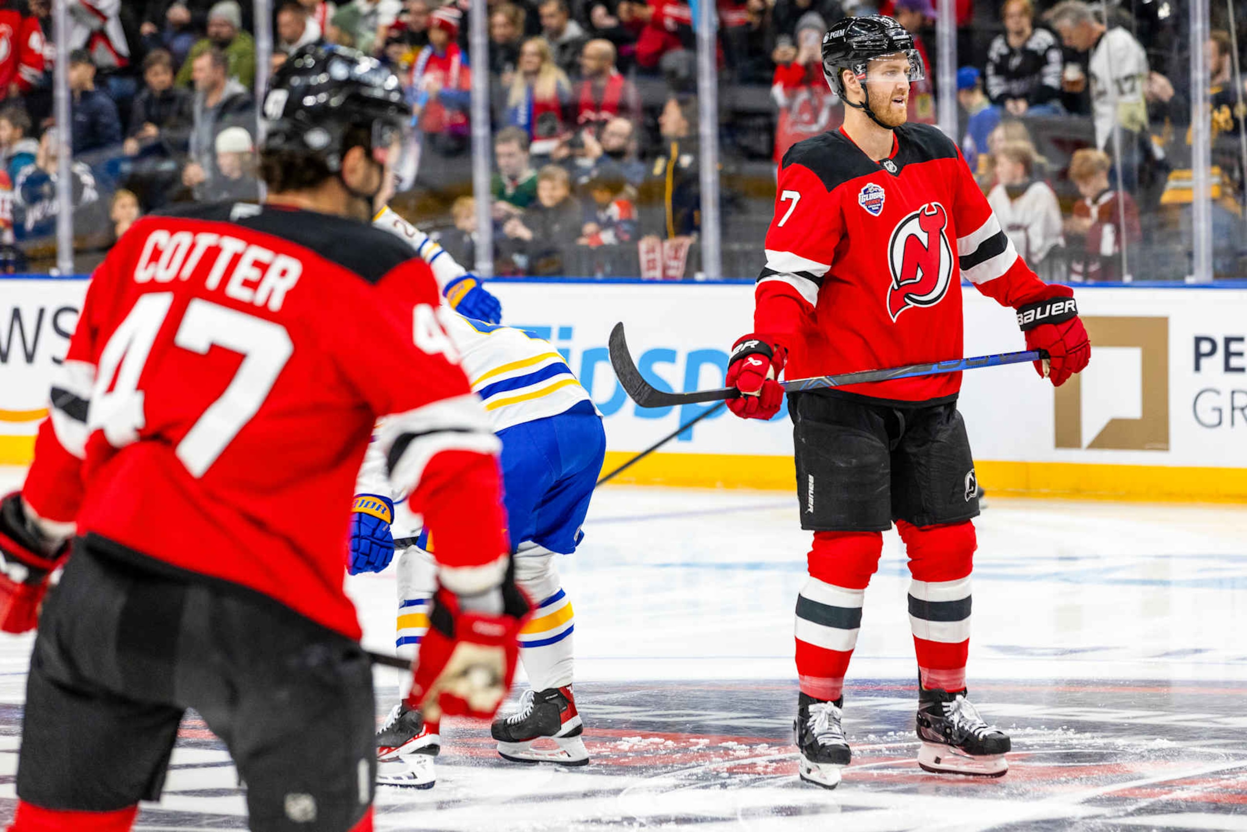 PRAGUE, CZECH REPUBLIC - OCTOBER 05: Dougie Hamilton #7 of the New Jersey Devils looks on during warm-ups before facing the Buffalo Sabres at the 2024 NHL Global Series Czechia on October 05, 2024 in Prague, Czech Republic. (Photo by Andrew Maclean /NHLI via Getty Images) PRAGUE, CZECH REPUBLIC - OCTOBER 05: Dougie Hamilton #7 of the New Jersey Devils looks on during warm-ups before facing the Buffalo Sabres at the 2024 NHL Global Series Czechia on October 05, 2024 in Prague, Czech Republic. (Photo by Andrew Maclean /NHLI via Getty Images)