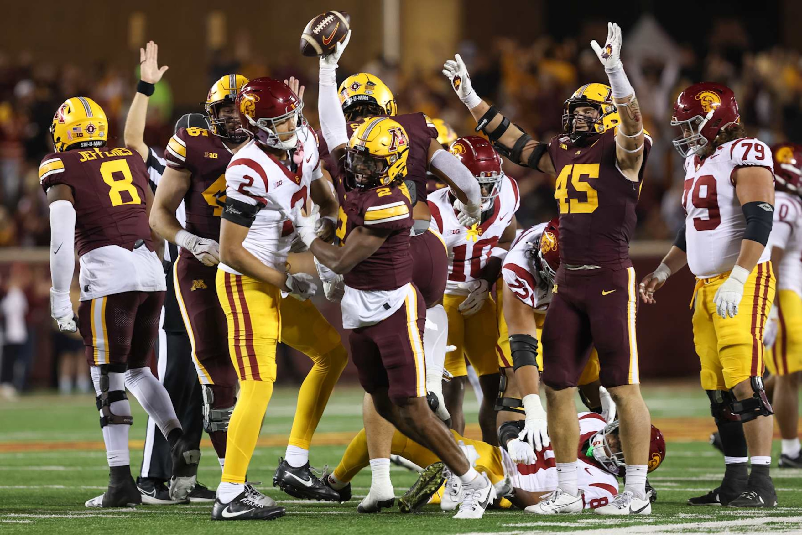 MINNEAPOLIS, MN - OCTOBER 05: Minnesota Golden Gophers defensive back Ethan Robinson (2) celebrates recovering a fumble during the college football game between the USC Trojans and the Minnesota Golden Gophers on October 5th, 2024, at Huntington Bank Stadium in Minneapolis, MN. (Photo by Bailey Hillesheim/Icon Sportswire via Getty Images)