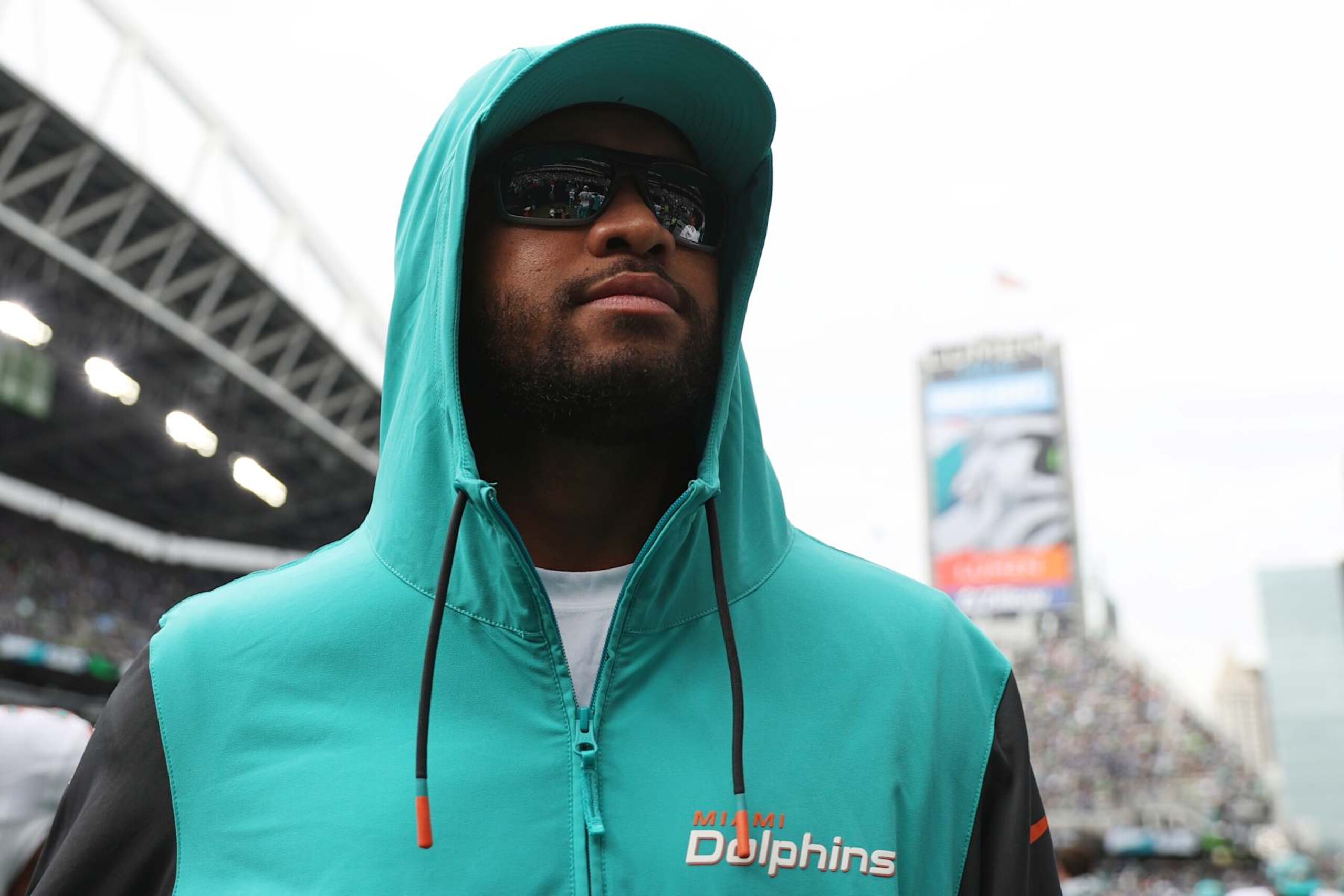 SEATTLE, WASHINGTON - SEPTEMBER 22: Tua Tagovailoa #1 of the Miami Dolphins looks on during the second half of a game against the Seattle Seahawks at Lumen Field on September 22, 2024 in Seattle, Washington. (Photo by Steph Chambers/Getty Images)