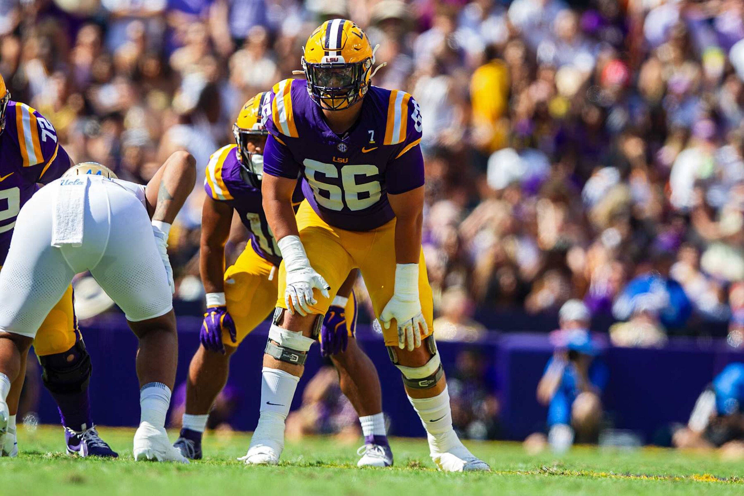 BATON ROUGE, LA - SEPTEMBER 21: LSU Tigers offensive tackle Will Campbell (66) lines up for a play during a college football game between the UCLA Bruins and the LSU Tigers on September 21, 2024, at Tiger Stadium in Baton Rouge, Louisiana. (Photo by John Korduner/Icon Sportswire via Getty Images)