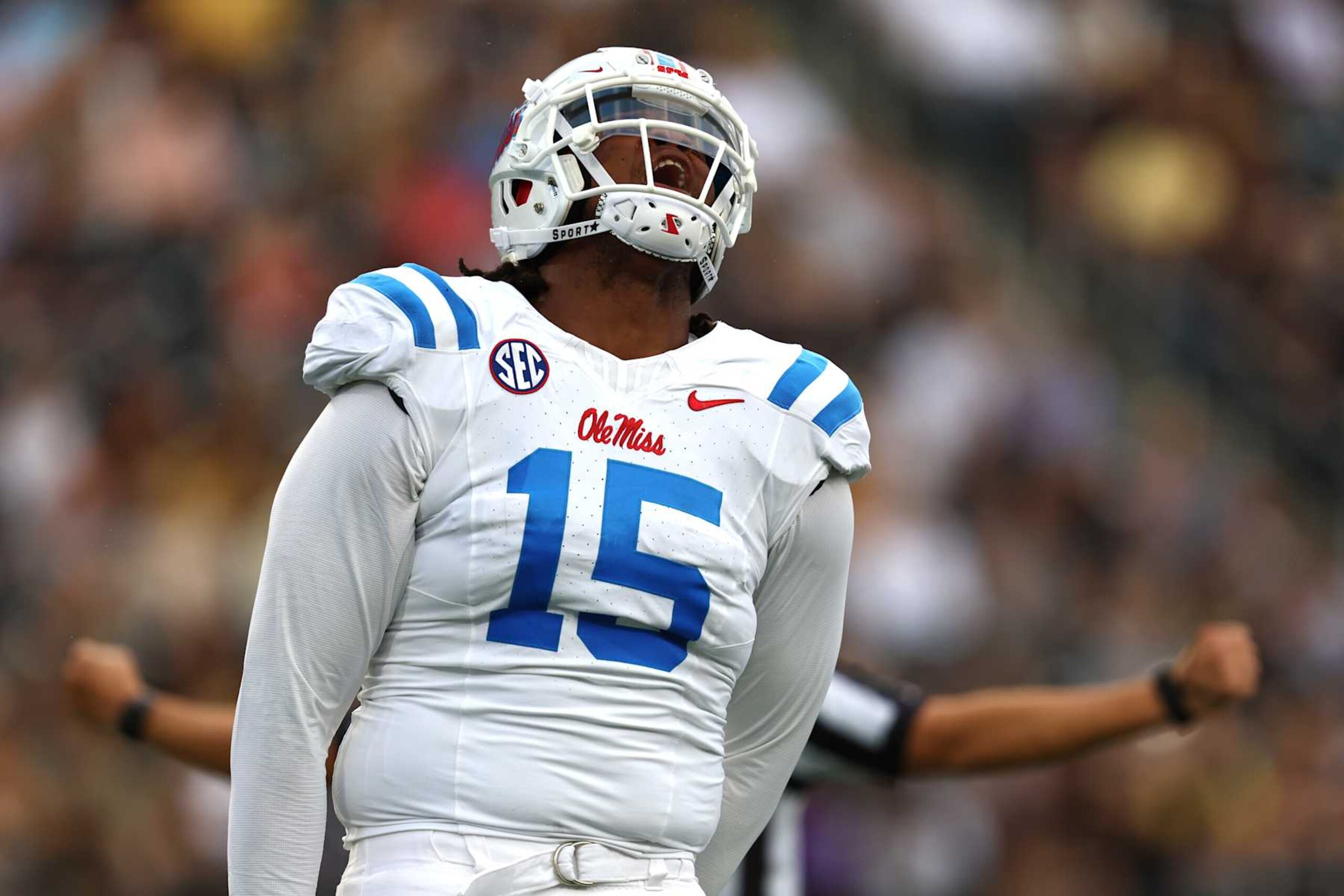 WINSTON-SALEM, NORTH CAROLINA - SEPTEMBER 14: Jared Ivey #15 of the Mississippi Rebels reacts after a play during the first half of a football game against the Wake Forest Demon Deacons at Allegacy Federal Credit Union Stadium on September 14, 2024 in Winston-Salem, North Carolina.  (Photo by David Jensen/Getty Images)