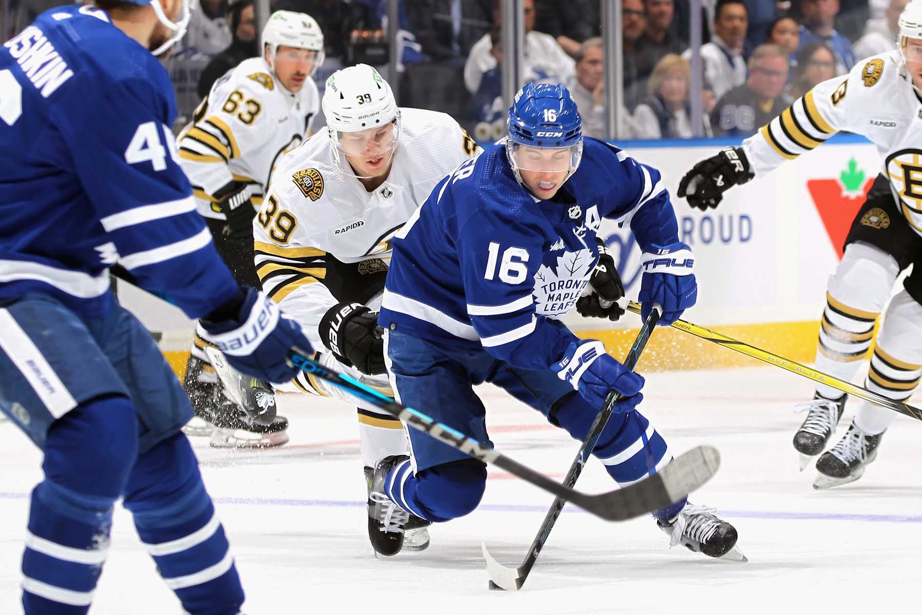TORONTO, ONTARIO - MAY 02: Mitch Marner #16 of the Toronto Maple Leafs skates against the Boston Bruins in Game Six of the First Round of the 2024 Stanley Cup Playoffs at Scotiabank Arena on May 02, 2024 in Toronto, Ontario, Canada. (Photo by Claus Andersen/Getty Images)