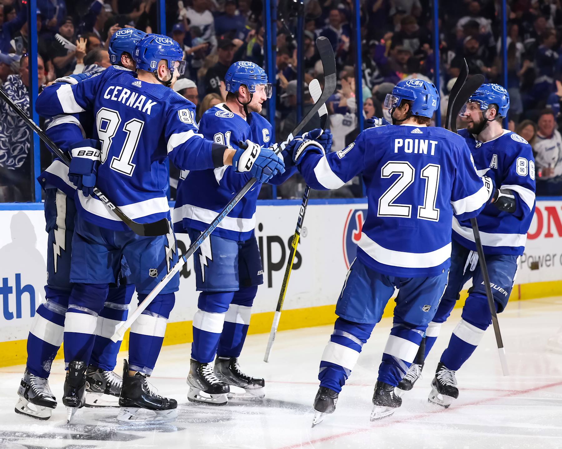 TAMPA, FL - APRIL 25: Steven Stamkos #91 of the Tampa Bay Lightning celebrates his goal with teammates Victor Hedman #77, Erik Cernak #81, Brayden Point #21, and Nikita Kucherov #86 against the Florida Panthers in Game Three of the First Round of the 2024 Stanley Cup Playoffs at Amalie Arena on April 25, 2024 in Tampa, Florida. (Photo by Mark LoMoglio/NHLI via Getty Images)