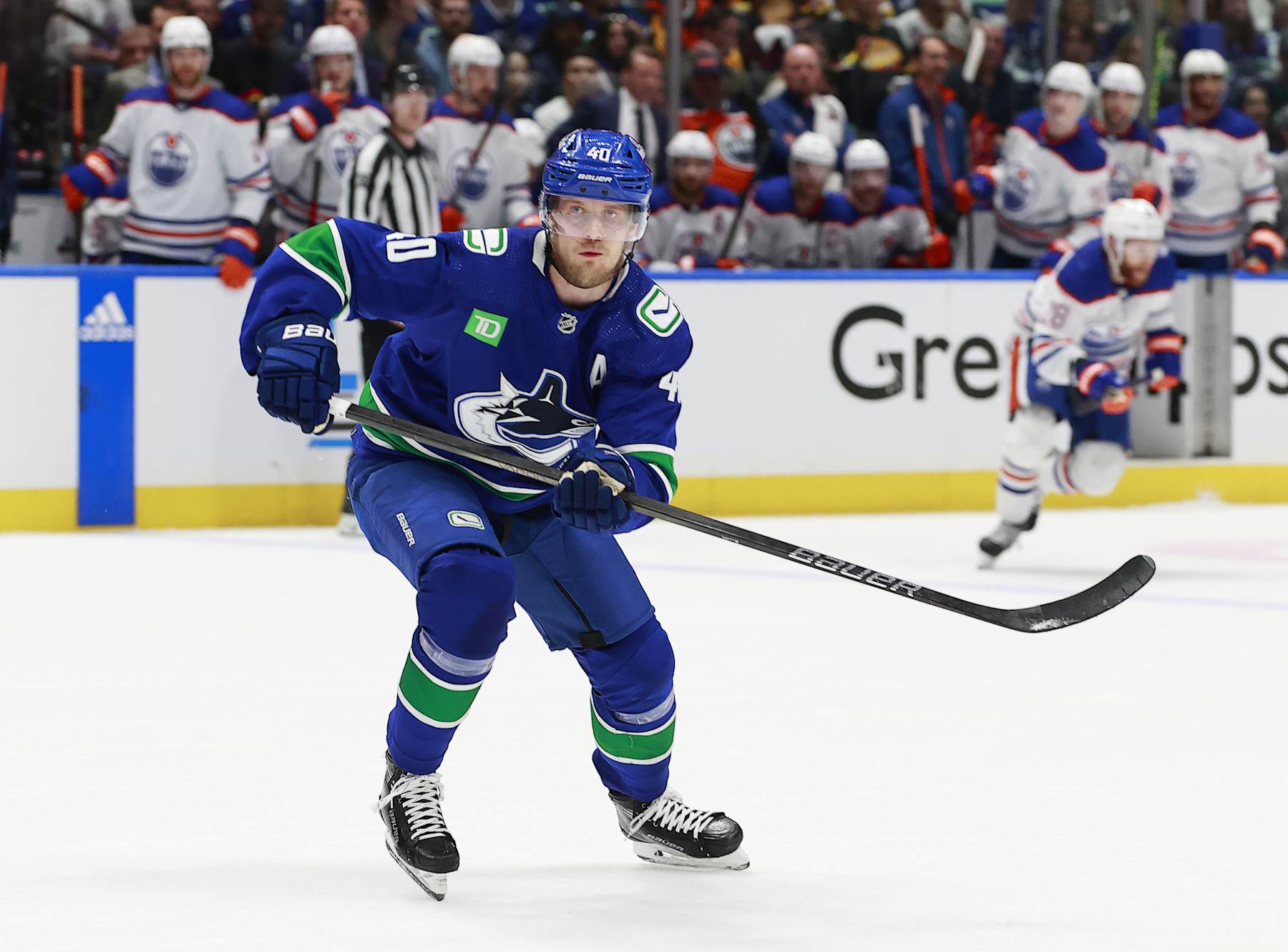 VANCOUVER, CANADA - MAY 20: Elias Pettersson #40 of the Vancouver Canucks skates up ice in Game Seven of the Second Round of the 2024 Stanley Cup Playoffs against the Edmonton Oilers at Rogers Arena on May 20, 2024 in Vancouver, British Columbia, Canada.  (Photo by Jeff Vinnick/NHLI via Getty Images)