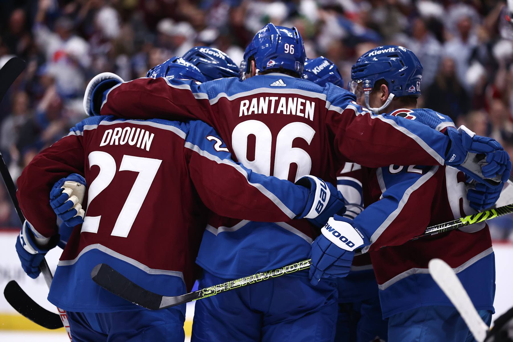 DENVER, COLORADO - MAY 17: Mikko Rantanen #96 of the Colorado Avalanche celebrates with teammates after scoring a goal during the second period against the Dallas Stars in Game Six of the Second Round of the 2024 Stanley Cup Playoffs at Ball Arena on May 17, 2024 in Denver, Colorado.  (Photo by Tyler Schank/Clarkson Creative/Getty Images)