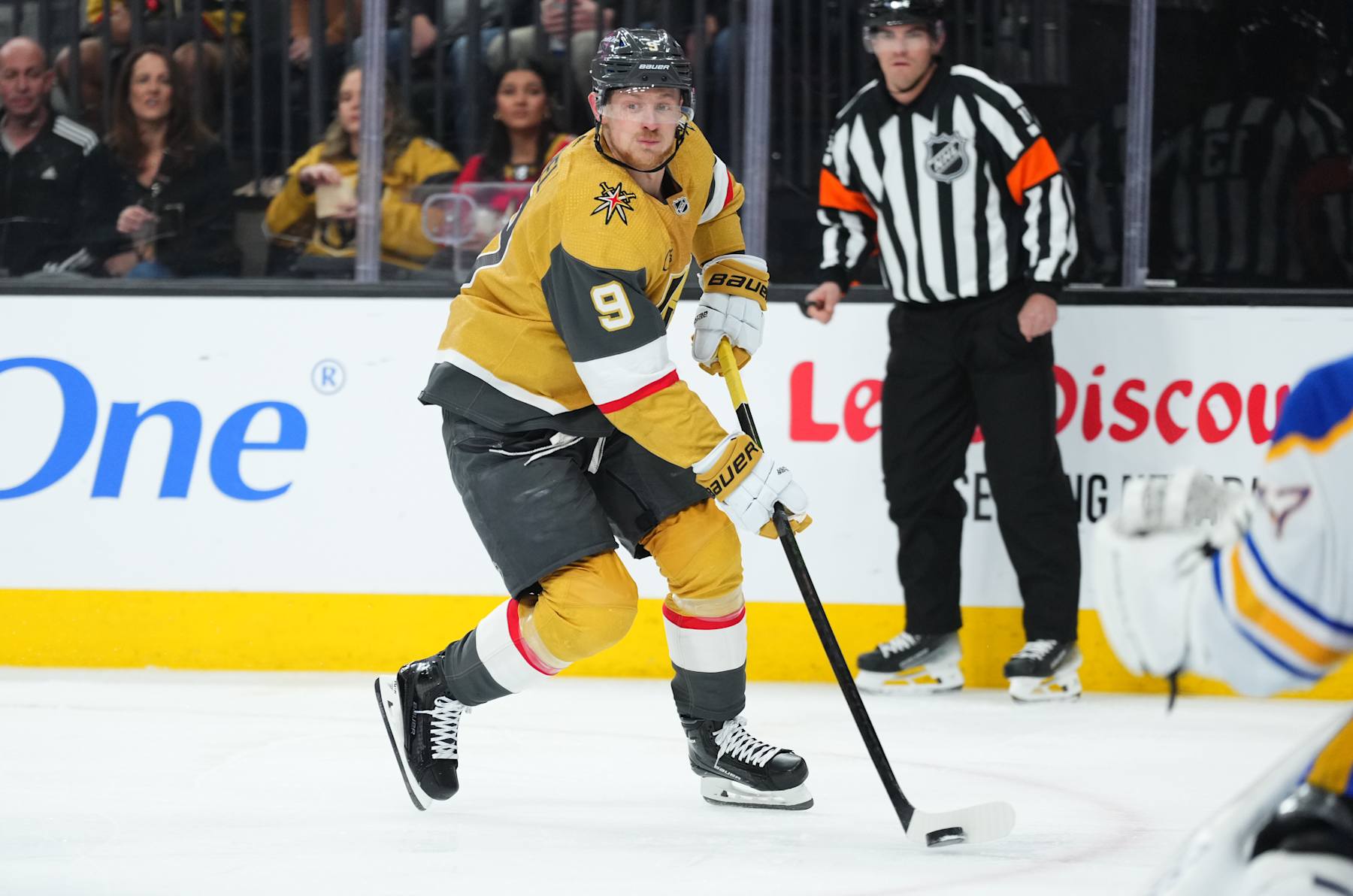 LAS VEGAS, NEVADA - DECEMBER 15: Jack Eichel #9 of the Vegas Golden Knights skates during the first period against the Buffalo Sabres at T-Mobile Arena on December 15, 2023 in Las Vegas, Nevada. (Photo by Jeff Bottari/NHLI via Getty Images)